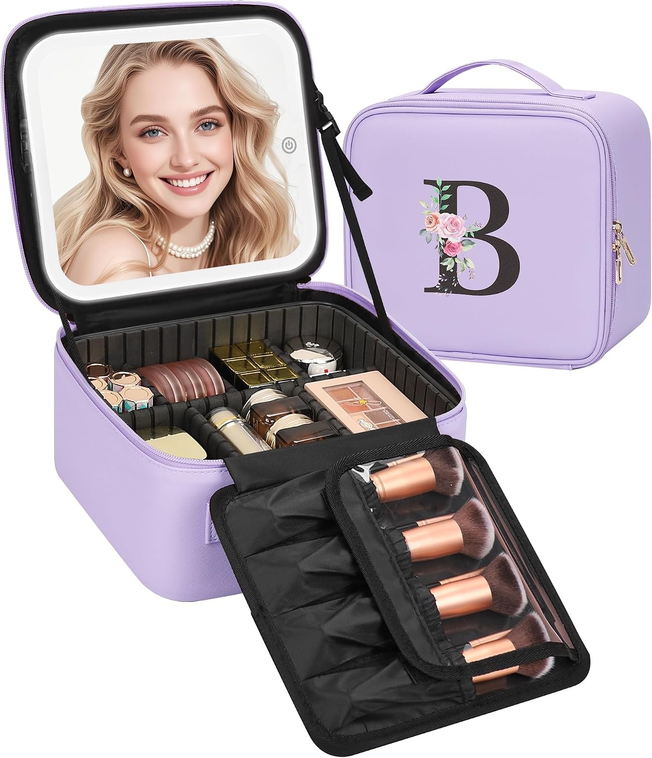 image:imageRelavel Initial Makeup Bag with LED Mirror for Women Personalized Monogram Travel Cosmetic Organizer Train Case Gifts for Teens Girls Grandkids Graduation Teacher Friends Trendy Stuff Pink APurple