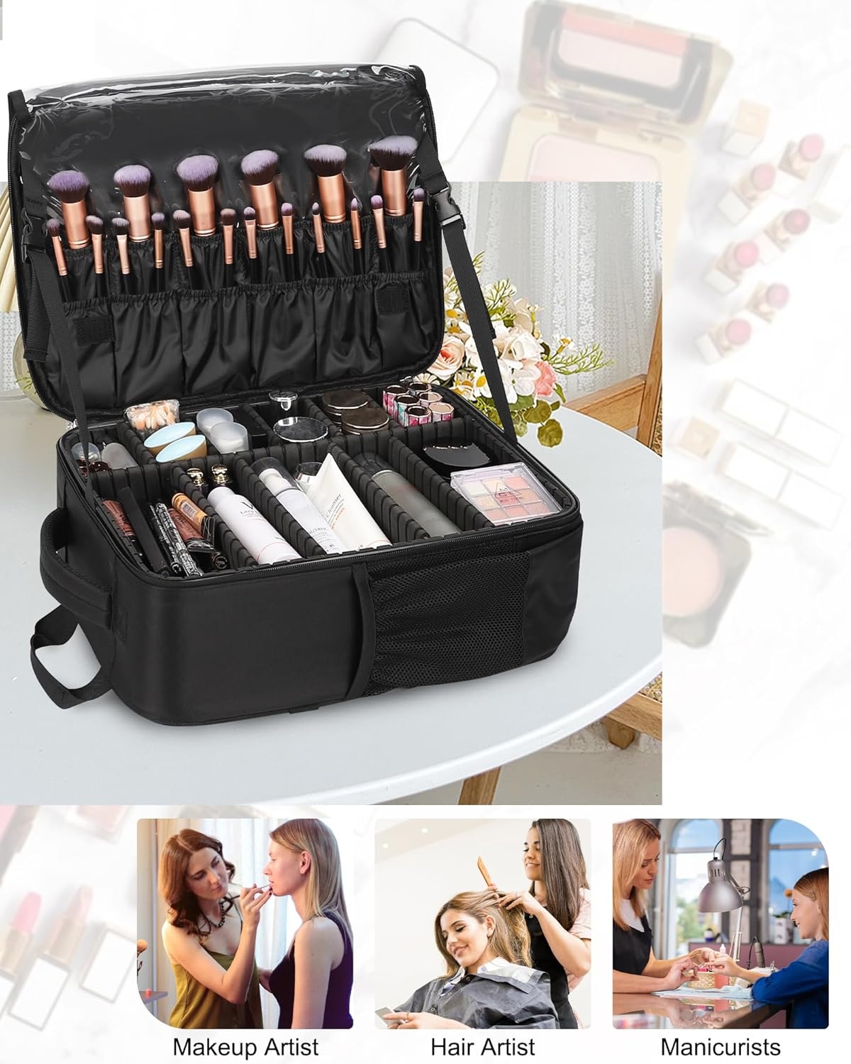 image:imageRelavel Makeup Backpack Professional Travel Train Case Makeup Artist Kit Set Bag for Women Extra Large Cosmetic Organizer Brush Storage Holder with Adjustable High Dividers BlackPro Black and Clear Brush Case
