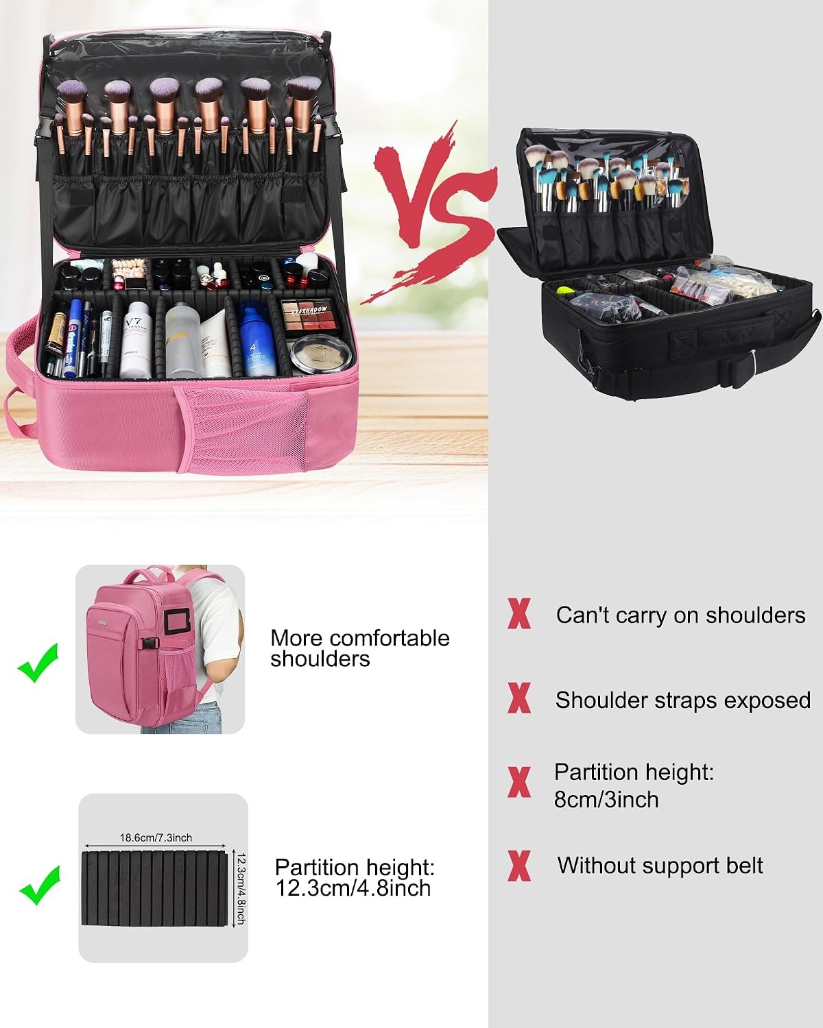 image:imageRelavel Makeup Backpack Professional Travel Train Case Makeup Artist Kit Set Bag for Women Extra Large Cosmetic Organizer Brush Storage Holder with Adjustable High Dividers BlackRose Pink
