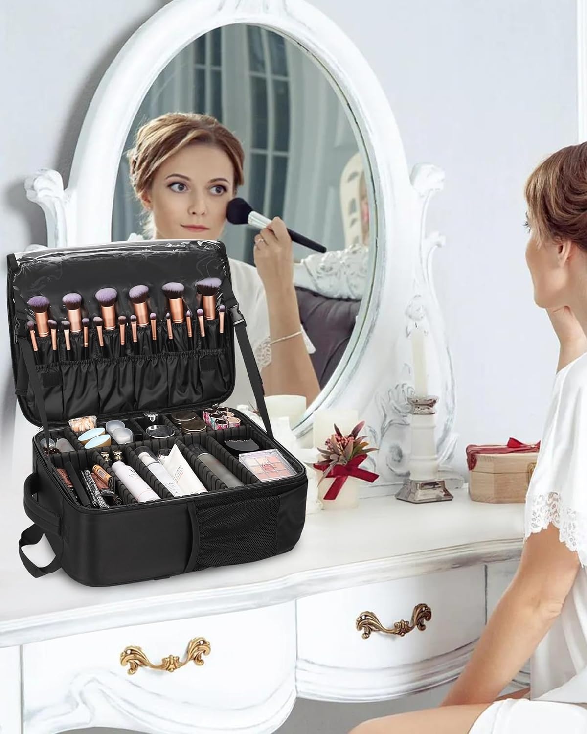 image:imageRelavel Makeup Backpack Professional Travel Train Case Makeup Artist Kit Set Bag for Women Extra Large Cosmetic Organizer Brush Storage Holder with Adjustable High Dividers BlackPro Black and 4 Pcs Makeup Bags