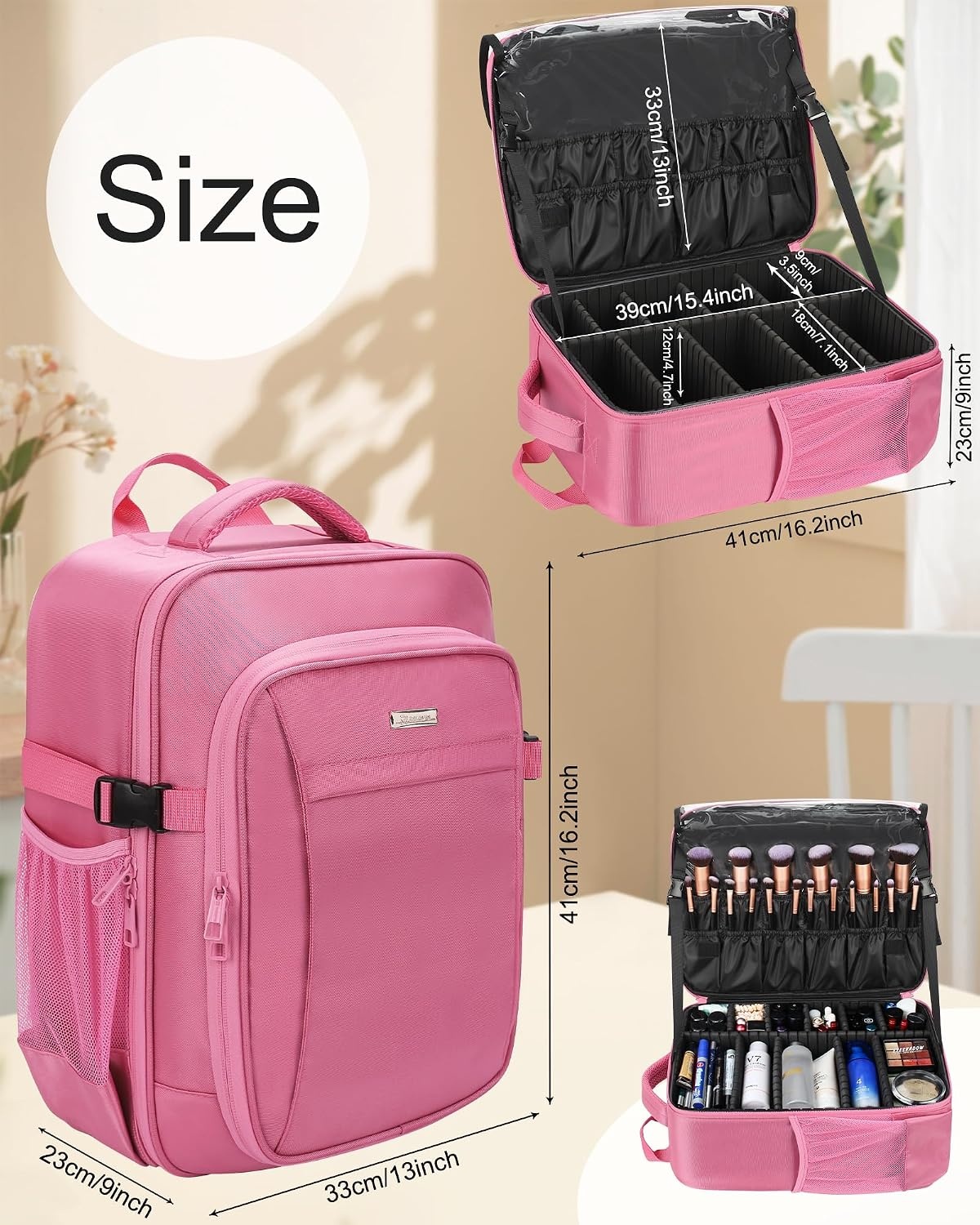 image:imageRelavel Makeup Backpack Professional Travel Train Case Makeup Artist Kit Set Bag for Women Extra Large Cosmetic Organizer Brush Storage Holder with Adjustable High Dividers BlackRose Pink
