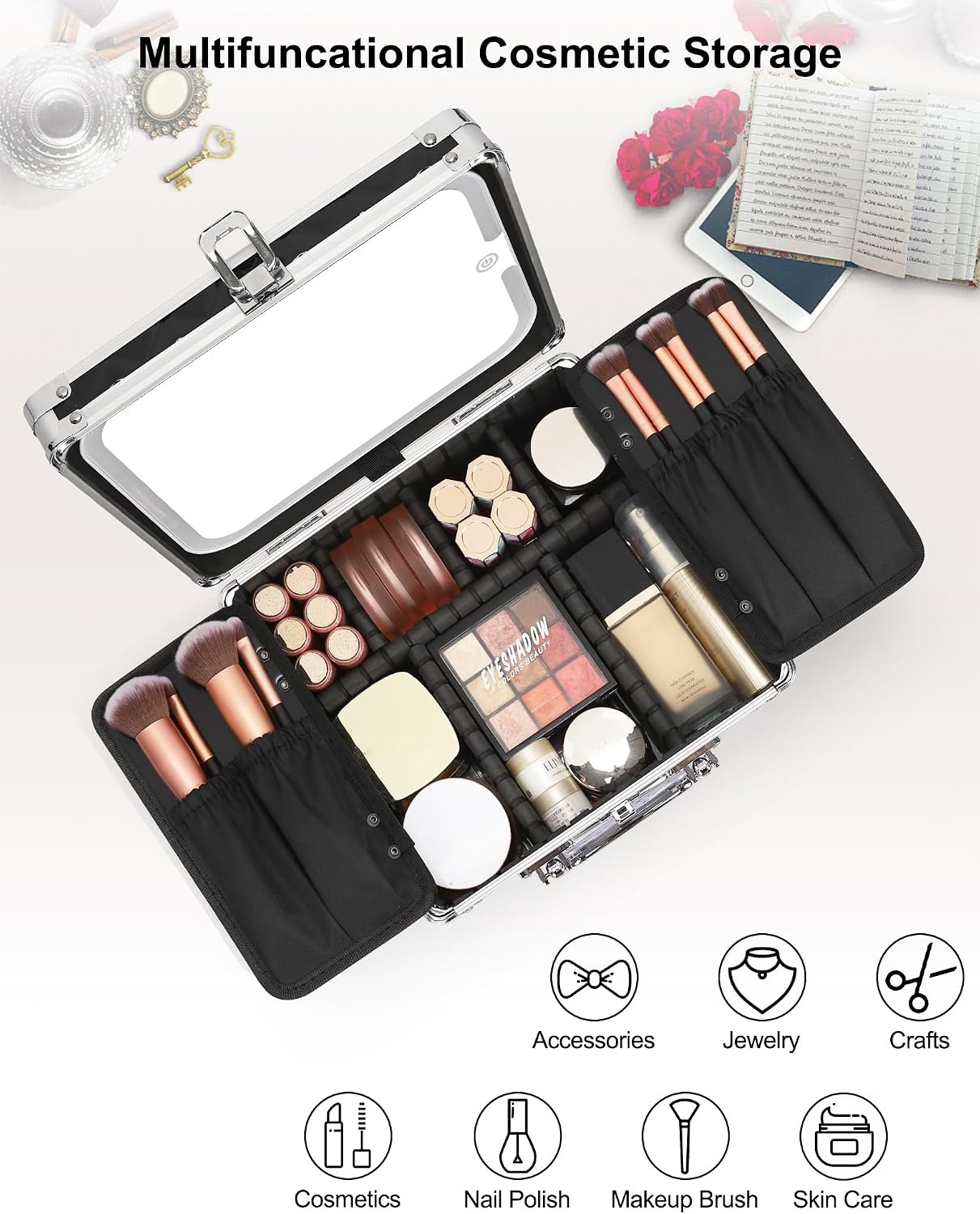 image:imageRelavel Makeup Bag with LED Mirror Makeup Box Travel Train Case with Rechargeable Lighted Mirror amp Adjustable Dividers Cosmetic Brush Organizer Storage for Makeup Artists Gifts for Women and GirlsBlack Quilted