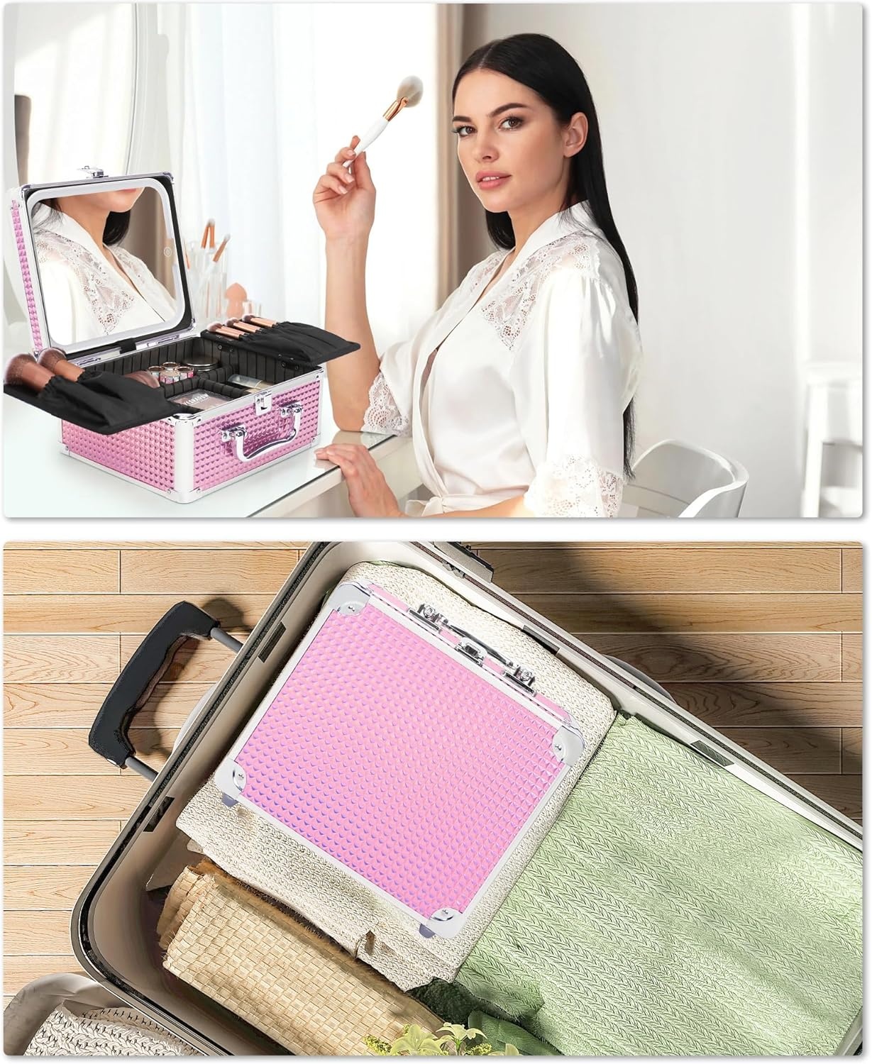 image:imageRelavel Makeup Bag with LED Mirror Makeup Box Travel Train Case with Rechargeable Lighted Mirror amp Adjustable Dividers Cosmetic Brush Organizer Storage for Makeup Artists Gifts for Women and GirlsDPink