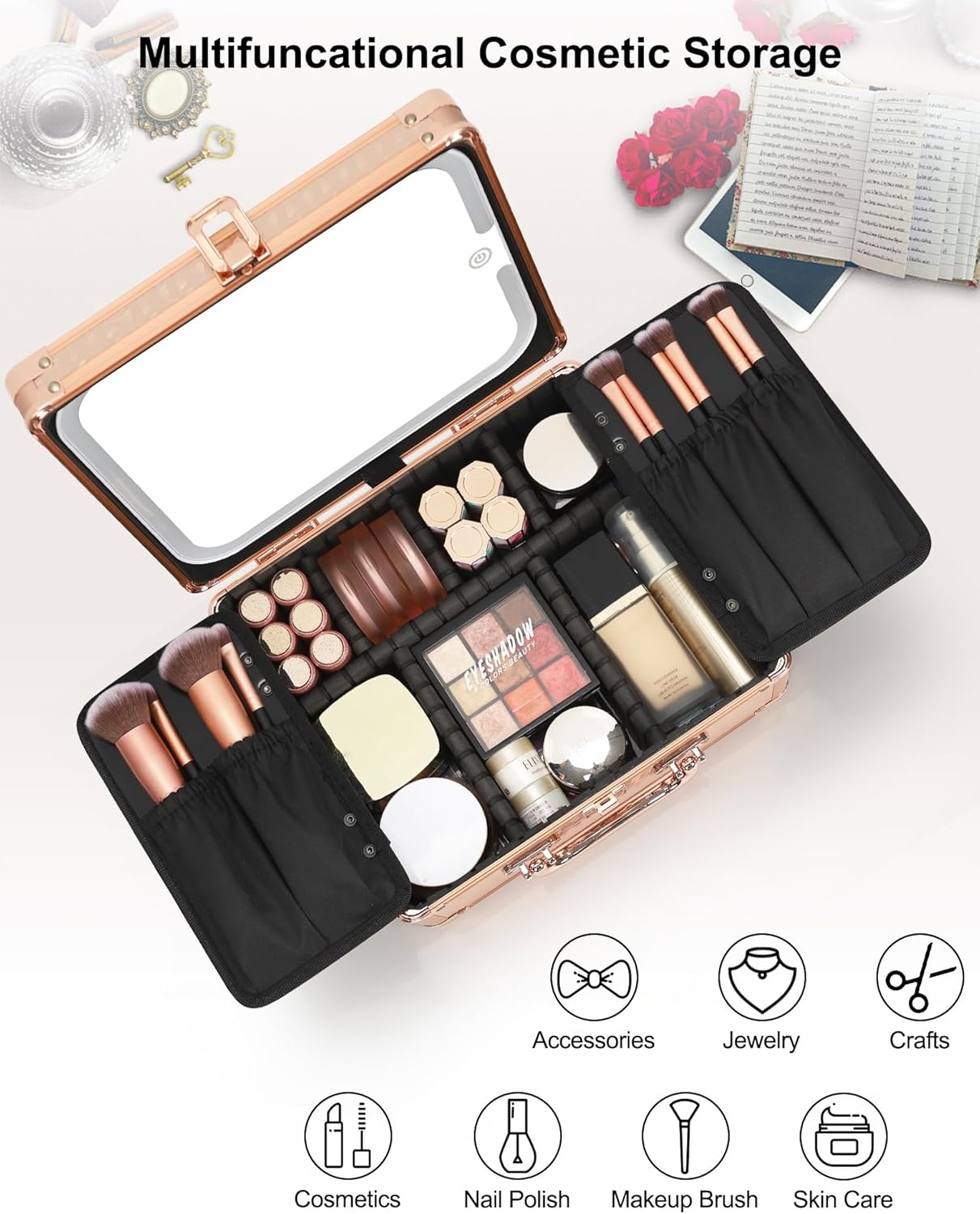 image:imageRelavel Makeup Bag with LED Mirror Makeup Box Travel Train Case with Rechargeable Lighted Mirror amp Adjustable Dividers Cosmetic Brush Organizer Storage for Makeup Artists Gifts for Women and GirlsCRose Gold
