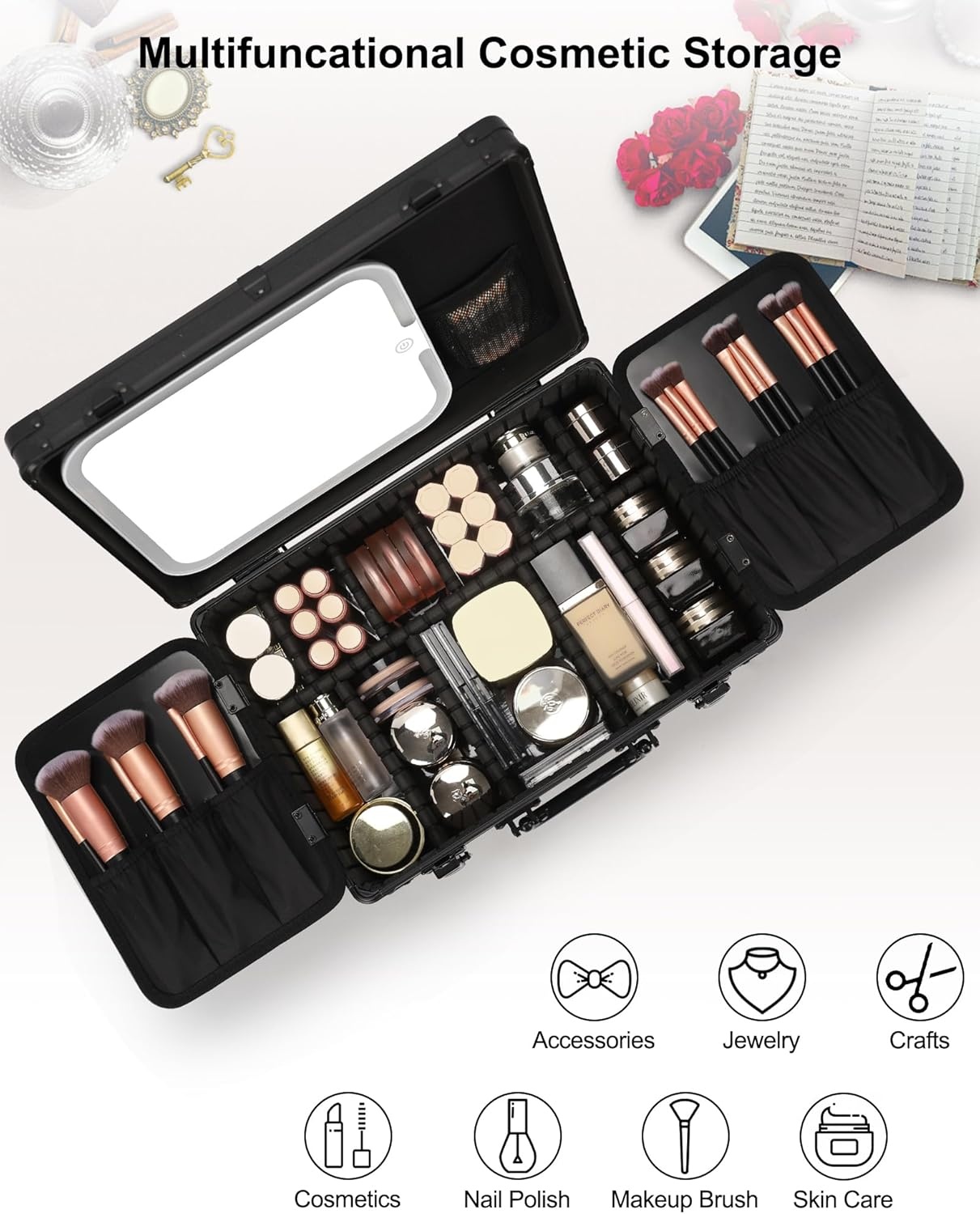 image:imageRelavel Makeup Bag with LED Mirror Makeup Box Travel Train Case with Rechargeable Lighted Mirror amp Adjustable Dividers Cosmetic Brush Organizer Storage for Makeup Artists Gifts for Women and GirlsBlack