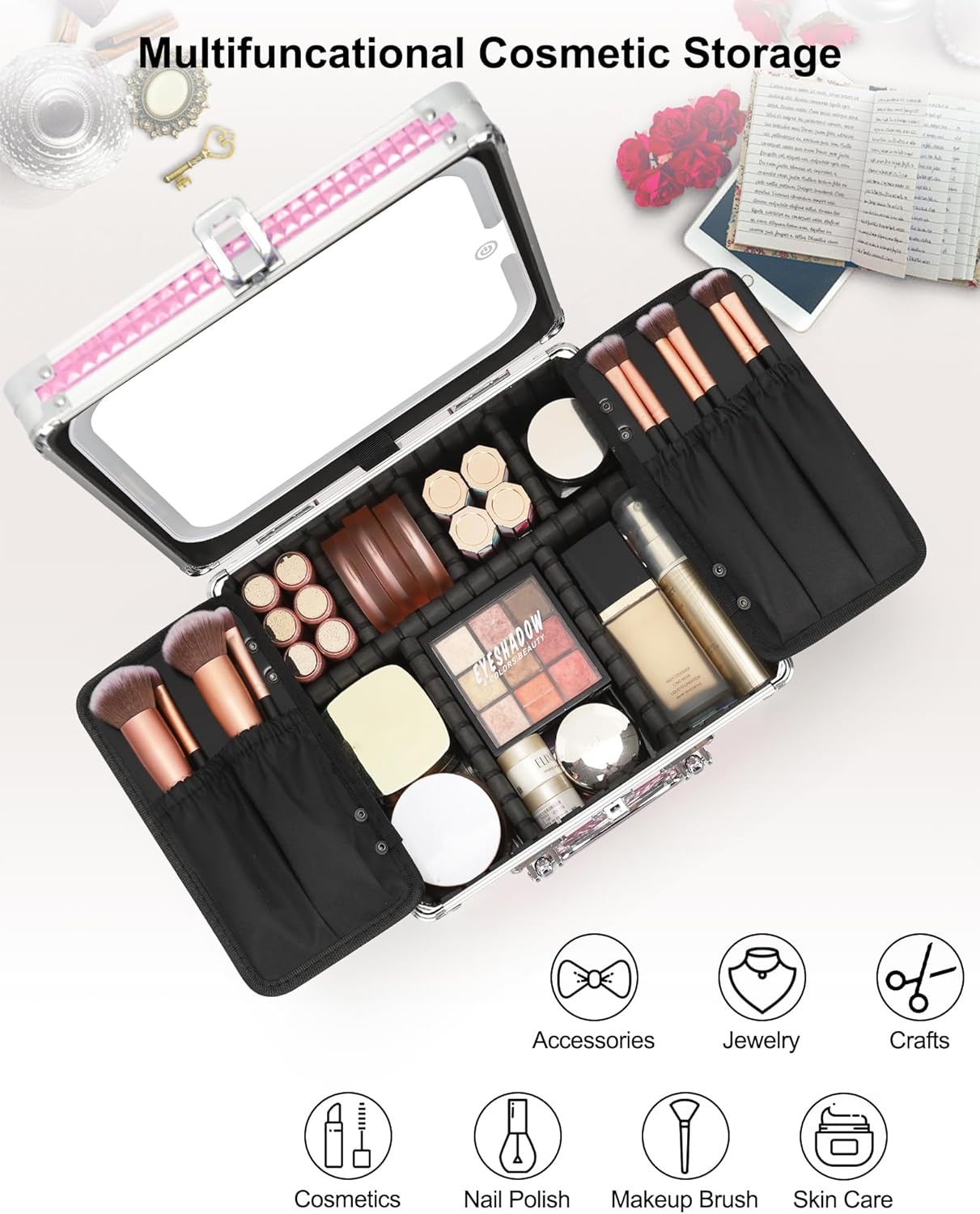 image:imageRelavel Makeup Bag with LED Mirror Makeup Box Travel Train Case with Rechargeable Lighted Mirror amp Adjustable Dividers Cosmetic Brush Organizer Storage for Makeup Artists Gifts for Women and GirlsDPink