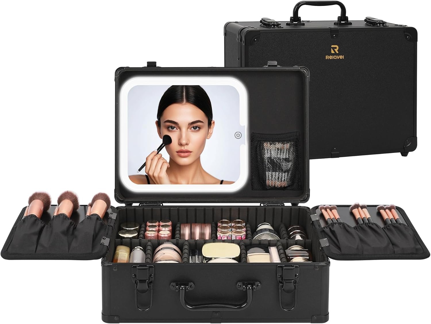 image:imageRelavel Makeup Bag with LED Mirror Makeup Box Travel Train Case with Rechargeable Lighted Mirror amp Adjustable Dividers Cosmetic Brush Organizer Storage for Makeup Artists Gifts for Women and GirlsBlack