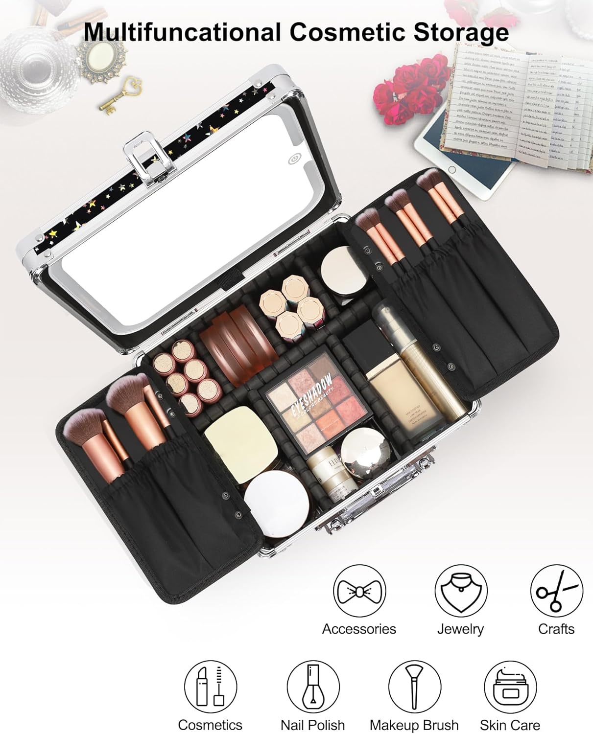 image:imageRelavel Makeup Bag with LED Mirror Makeup Box Travel Train Case with Rechargeable Lighted Mirror amp Adjustable Dividers Cosmetic Brush Organizer Storage for Makeup Artists Gifts for Women and GirlsBlack Star