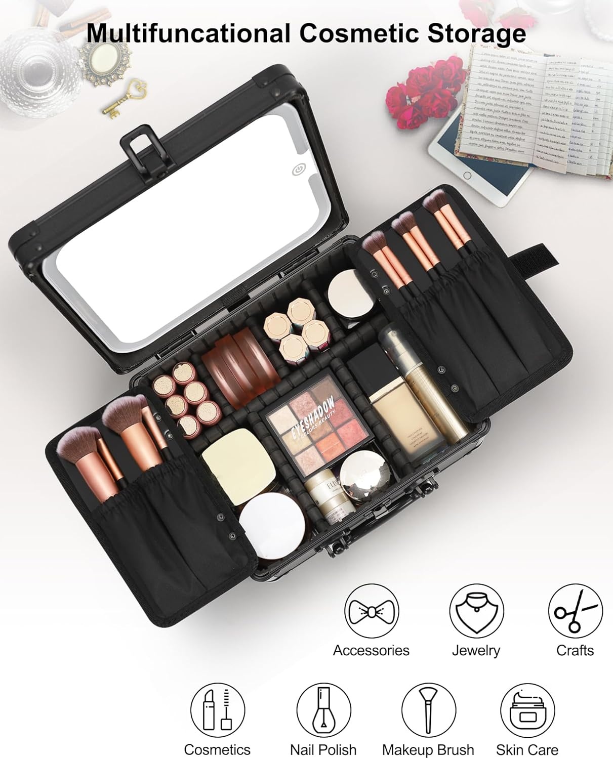 image:imageRelavel Makeup Bag with LED Mirror Makeup Box Travel Train Case with Rechargeable Lighted Mirror amp Adjustable Dividers Cosmetic Brush Organizer Storage for Makeup Artists Gifts for Women and GirlsBlack
