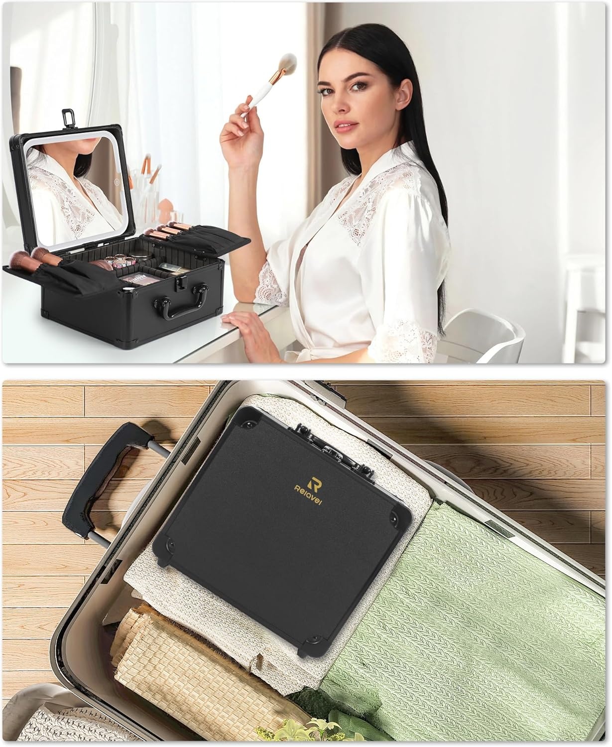 image:imageRelavel Makeup Bag with LED Mirror Makeup Box Travel Train Case with Rechargeable Lighted Mirror amp Adjustable Dividers Cosmetic Brush Organizer Storage for Makeup Artists Gifts for Women and GirlsBlack