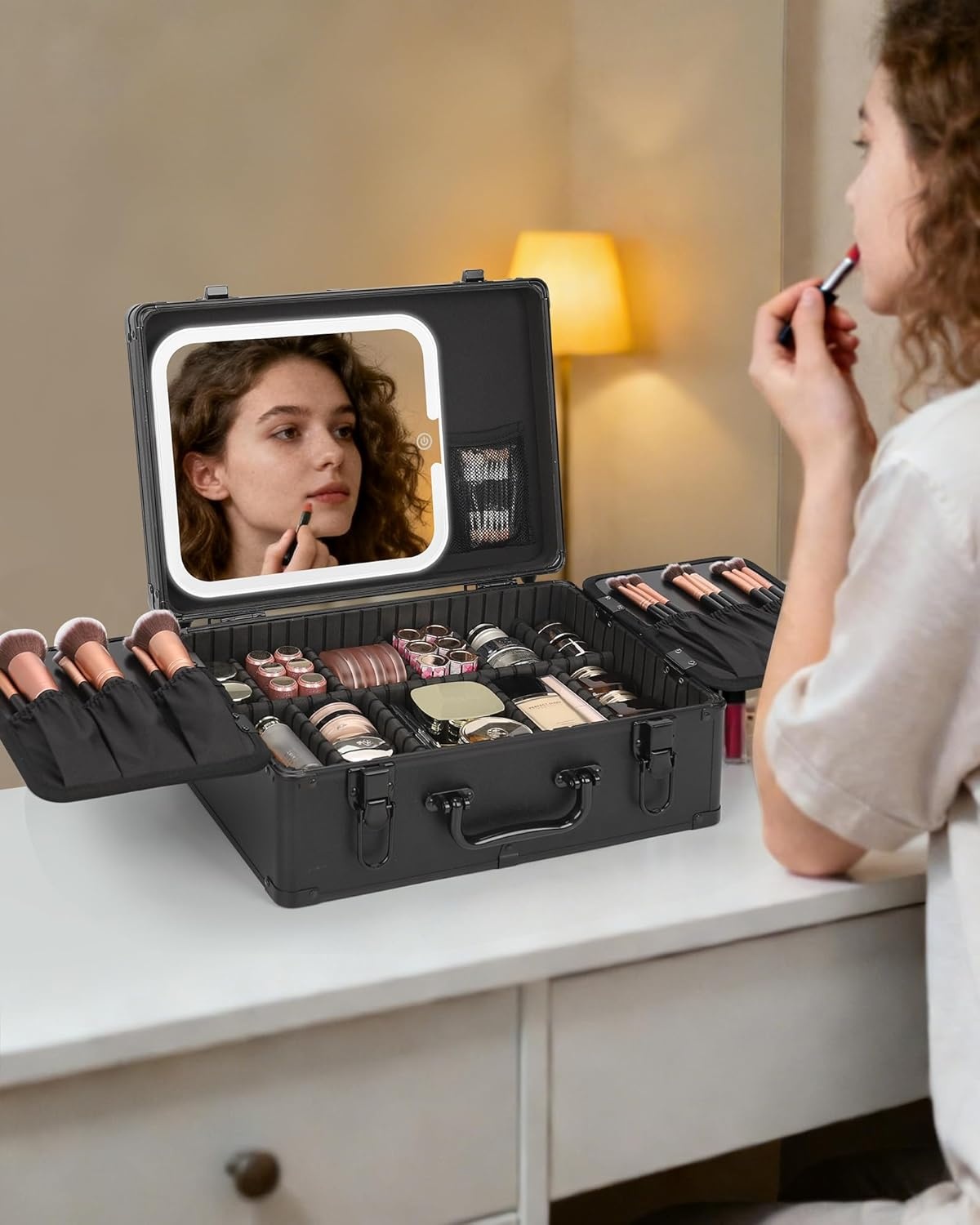 image:imageRelavel Makeup Bag with LED Mirror Makeup Box Travel Train Case with Rechargeable Lighted Mirror amp Adjustable Dividers Cosmetic Brush Organizer Storage for Makeup Artists Gifts for Women and GirlsBlack