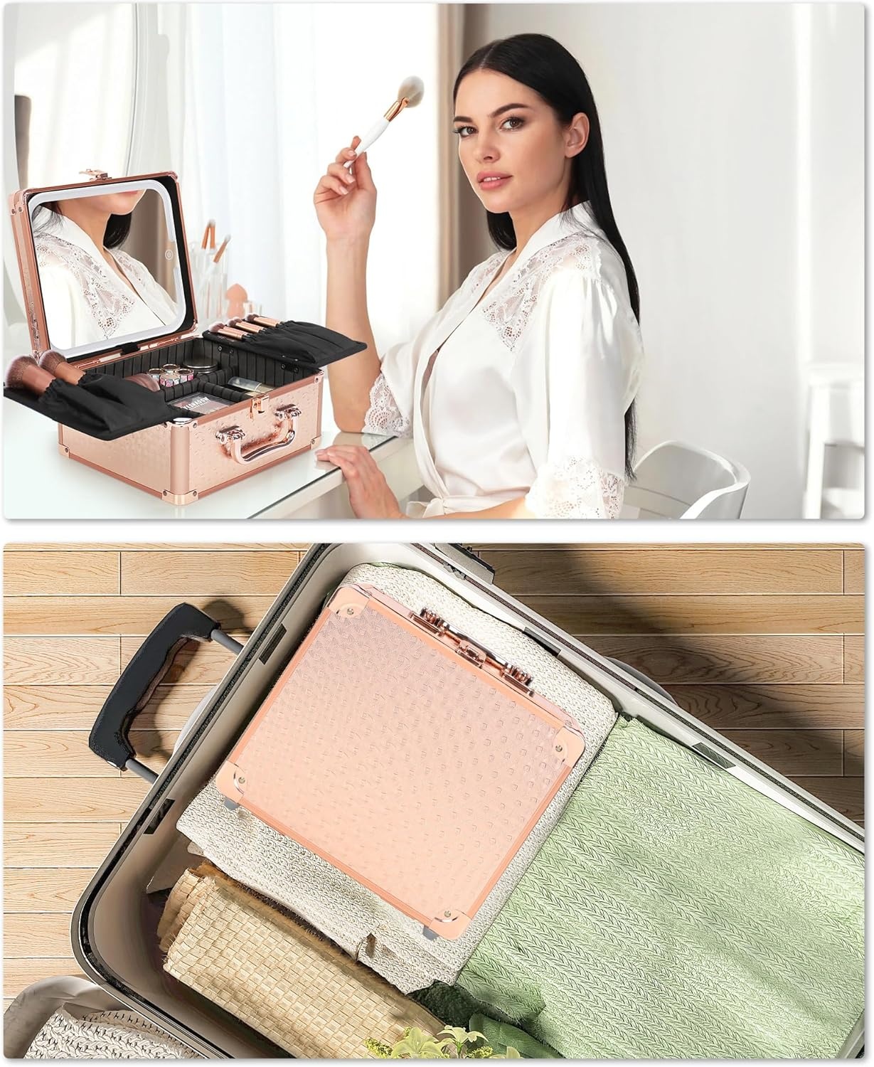 image:imageRelavel Makeup Bag with LED Mirror Makeup Box Travel Train Case with Rechargeable Lighted Mirror amp Adjustable Dividers Cosmetic Brush Organizer Storage for Makeup Artists Gifts for Women and GirlsCRose Gold