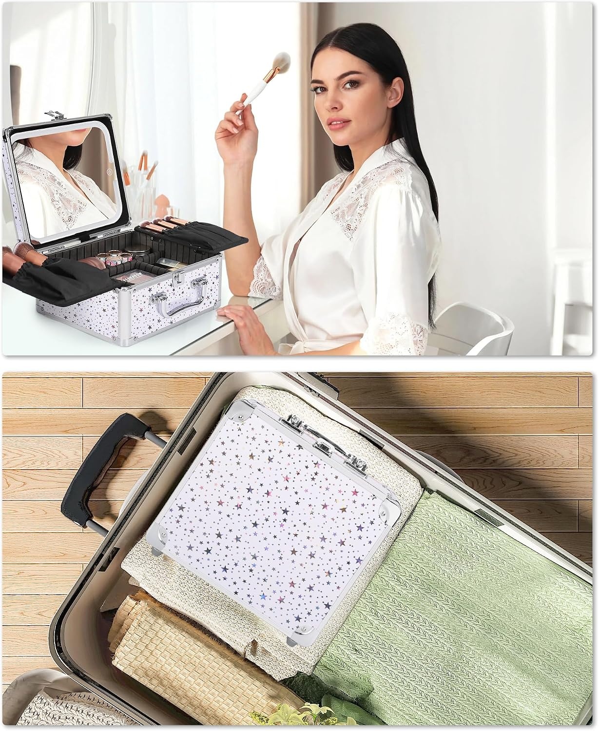 image:imageRelavel Makeup Bag with LED Mirror Makeup Box Travel Train Case with Rechargeable Lighted Mirror amp Adjustable Dividers Cosmetic Brush Organizer Storage for Makeup Artists Gifts for Women and GirlsWhite