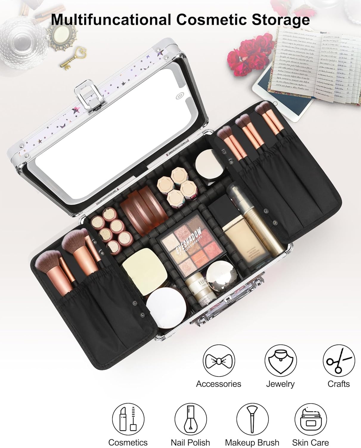 image:imageRelavel Makeup Bag with LED Mirror Makeup Box Travel Train Case with Rechargeable Lighted Mirror amp Adjustable Dividers Cosmetic Brush Organizer Storage for Makeup Artists Gifts for Women and GirlsWhite