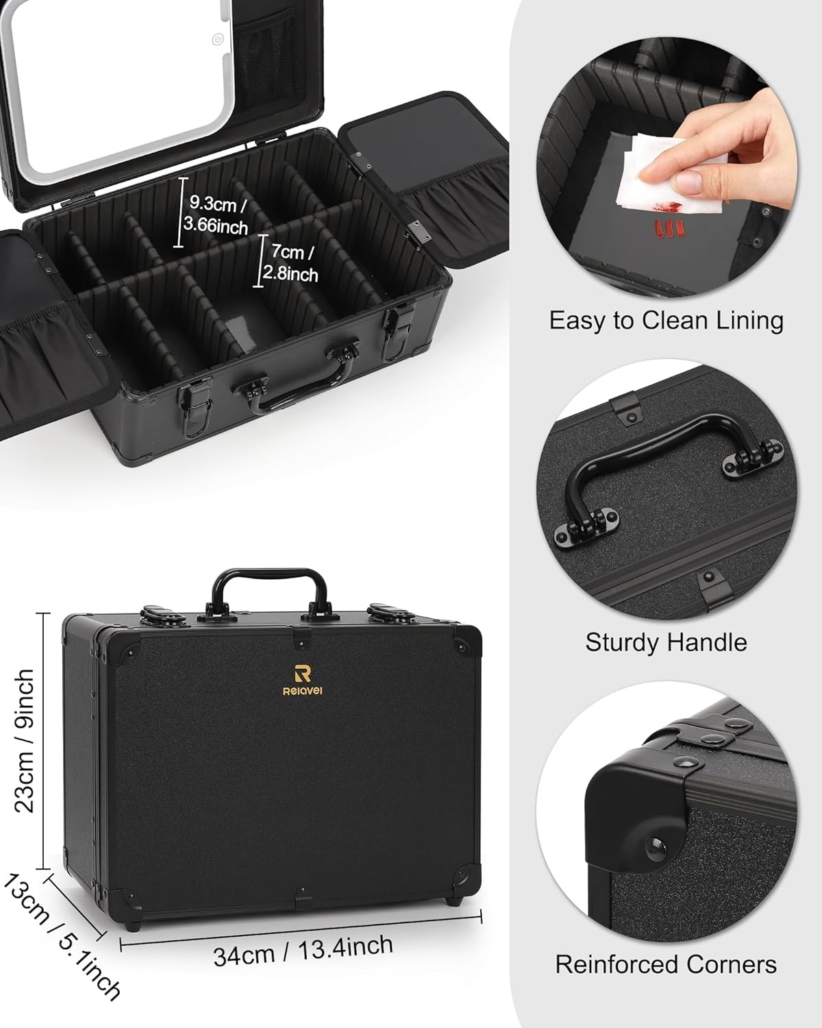 image:imageRelavel Makeup Bag with LED Mirror Makeup Box Travel Train Case with Rechargeable Lighted Mirror amp Adjustable Dividers Cosmetic Brush Organizer Storage for Makeup Artists Gifts for Women and GirlsBlack