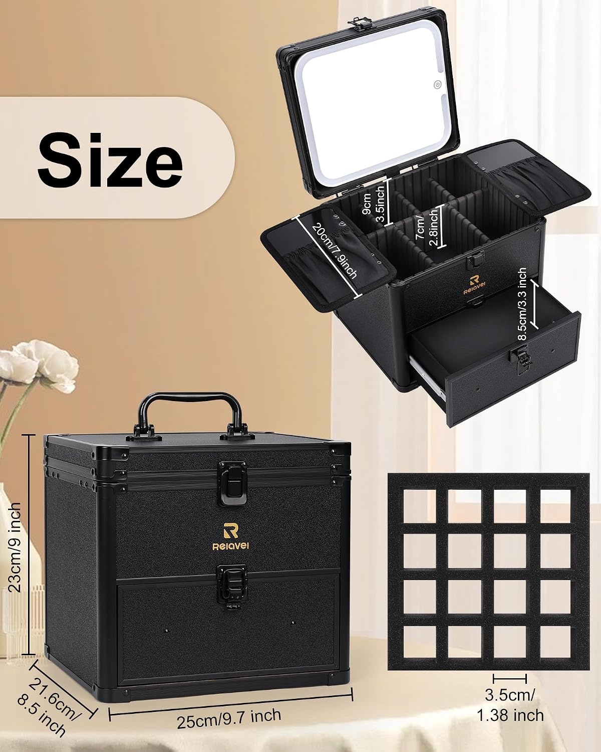 image:imageRelavel Makeup Bag with LED Mirror Makeup Box Travel Train Case with Rechargeable Lighted Mirror amp Adjustable Dividers Cosmetic Brush Organizer Storage for Makeup Artists Gifts for Women and Girlsblack 2 layer