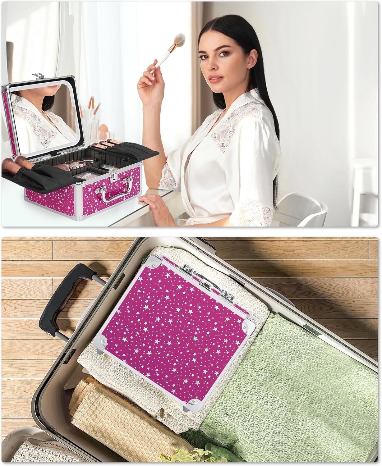 image:imageRelavel Makeup Bag with LED Mirror Makeup Box Travel Train Case with Rechargeable Lighted Mirror amp Adjustable Dividers Cosmetic Brush Organizer Storage for Makeup Artists Gifts for Women and GirlsHot Pink
