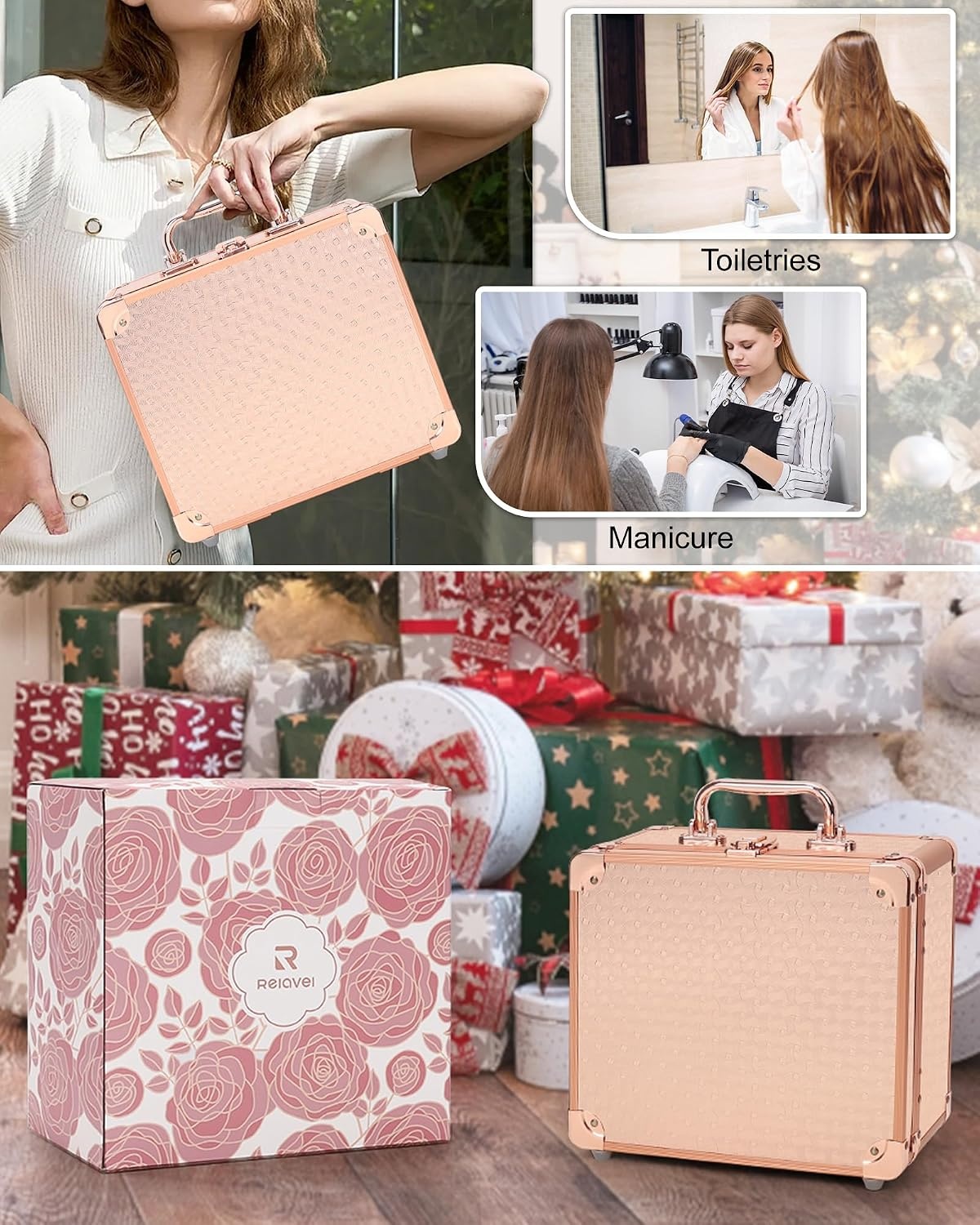 image:imageRelavel Makeup Bag with LED Mirror Makeup Box Travel Train Case with Rechargeable Lighted Mirror amp Adjustable Dividers Cosmetic Brush Organizer Storage for Makeup Artists Gifts for Women and GirlsCRose Gold