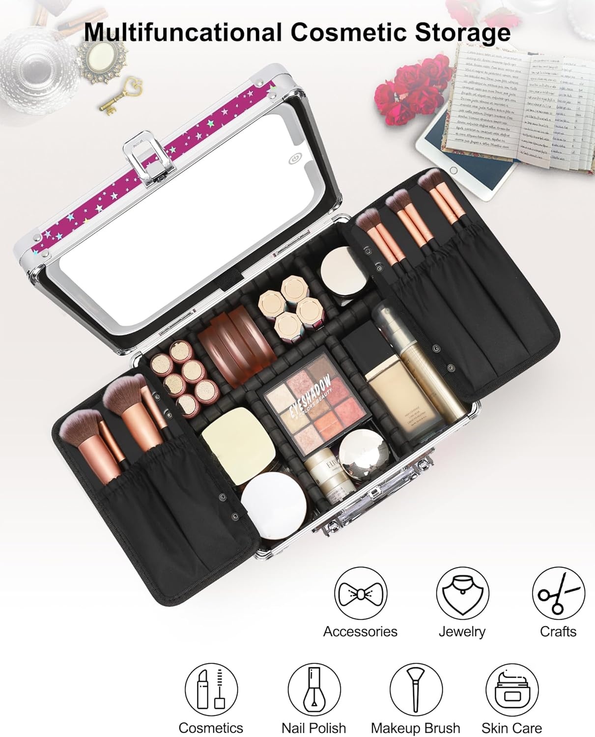 image:imageRelavel Makeup Bag with LED Mirror Makeup Box Travel Train Case with Rechargeable Lighted Mirror amp Adjustable Dividers Cosmetic Brush Organizer Storage for Makeup Artists Gifts for Women and GirlsHot Pink