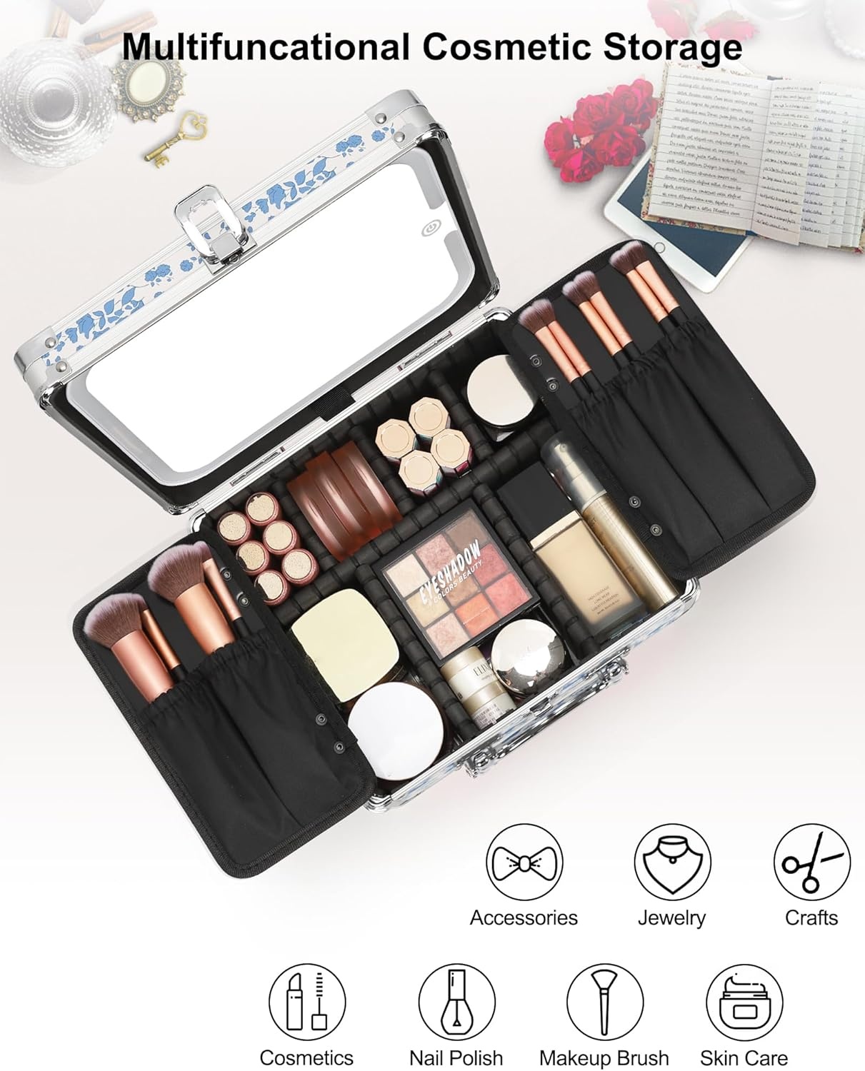 image:imageRelavel Makeup Bag with LED Mirror Makeup Box Travel Train Case with Rechargeable Lighted Mirror amp Adjustable Dividers Cosmetic Brush Organizer Storage for Makeup Artists Gifts for Women and GirlsFloral Print
