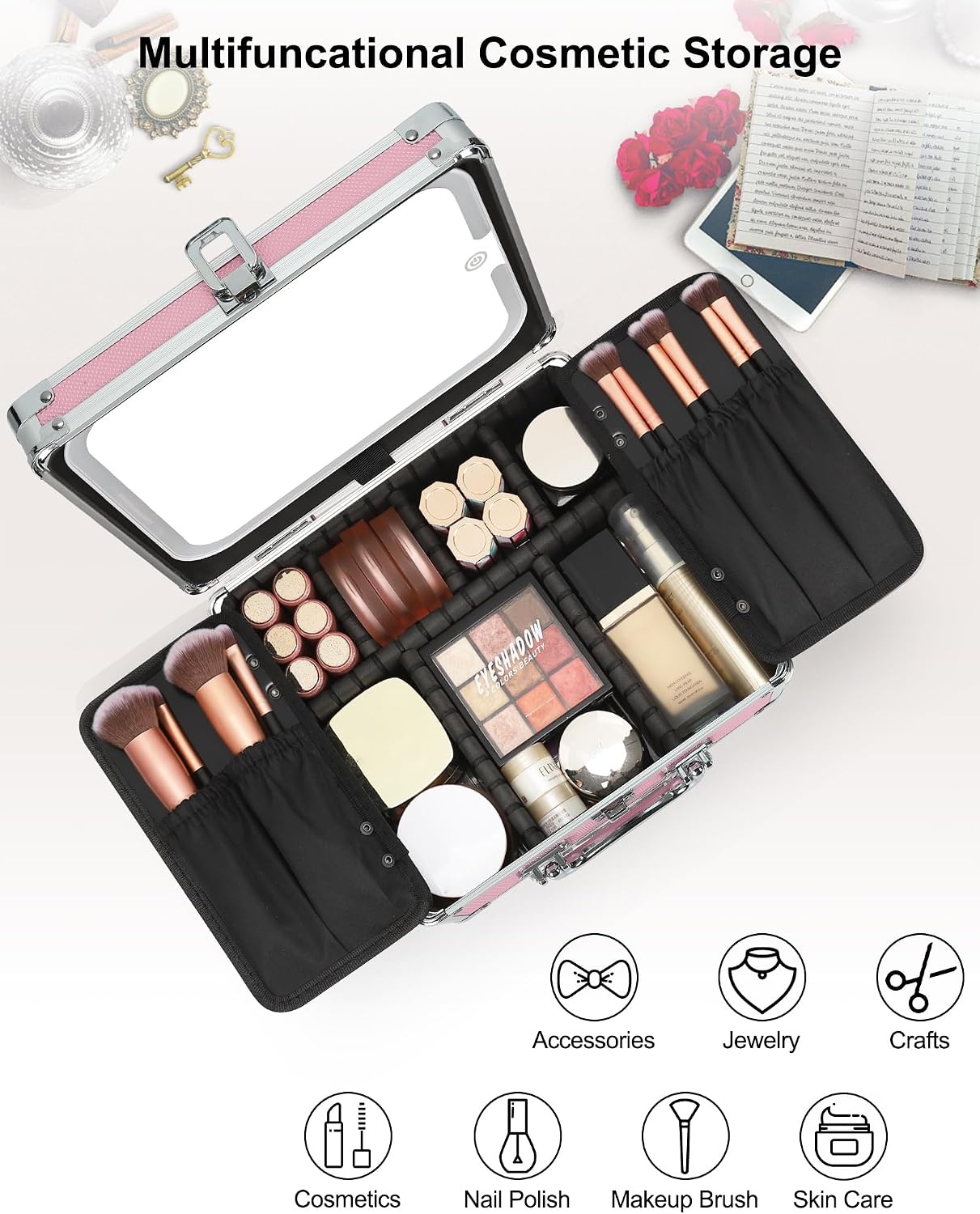 image:imageRelavel Makeup Bag with LED Mirror Makeup Box Travel Train Case with Rechargeable Lighted Mirror amp Adjustable Dividers Cosmetic Brush Organizer Storage for Makeup Artists Gifts for Women and GirlsPink 2