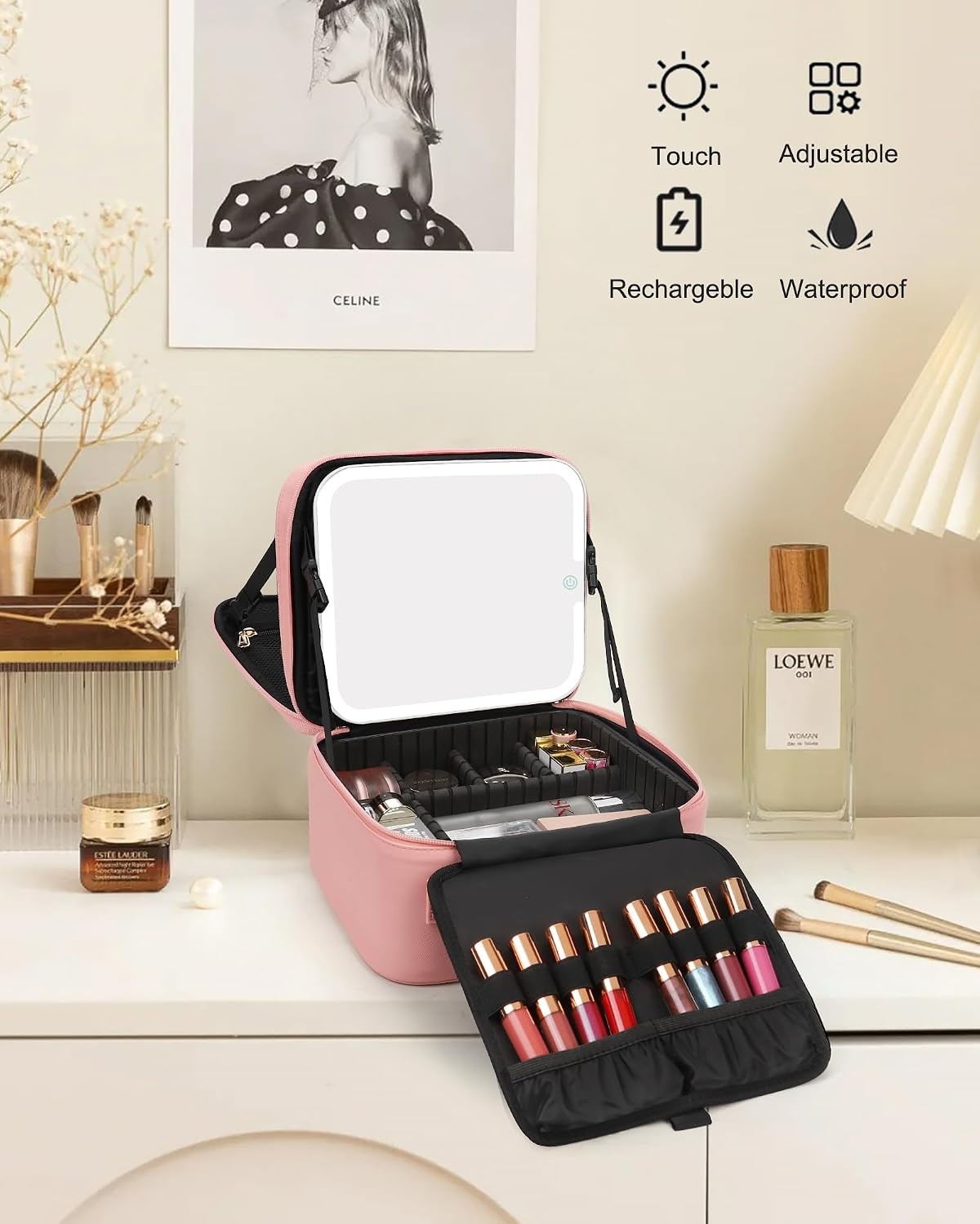 image:imageRelavel Makeup Bag with LED Mirror Travel Makeup Case with Rechargeable Lighted Mirror 3 Color Lights Dual Layer Cosmetic Box Makeup Brush Lipstick Holder Organizer for Women Leather Pink