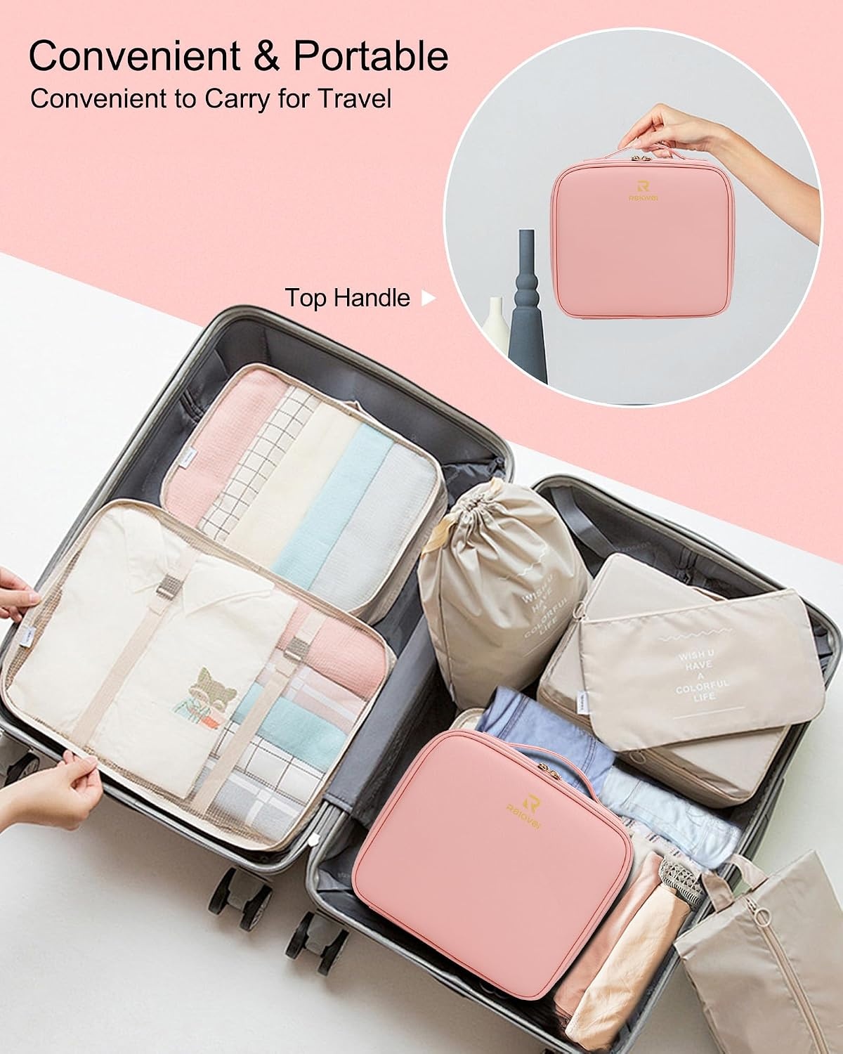 image:imageRelavel Makeup Bag with LED Mirror Travel Makeup Case with Rechargeable Lighted Mirror 3 Color Lights Dual Layer Cosmetic Box Makeup Brush Lipstick Holder Organizer for Women Leather Pink