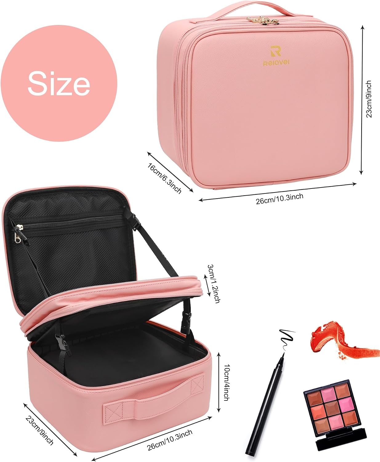 image:imageRelavel Makeup Bag with LED Mirror Travel Makeup Case with Rechargeable Lighted Mirror 3 Color Lights Dual Layer Cosmetic Box Makeup Brush Lipstick Holder Organizer for Women Leather Pink