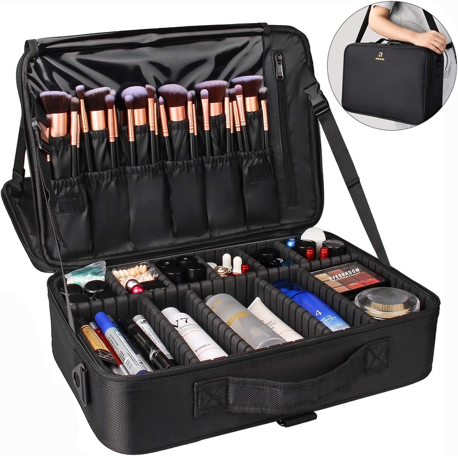 image:imageRelavel Makeup Case Large Makeup Bag Professional Train Case 165 inches Travel Cosmetic Organizer Brush Holder Waterproof Makeup Artist Storage Box 3 Layer Large Capacity with Adjustable StrapBlack