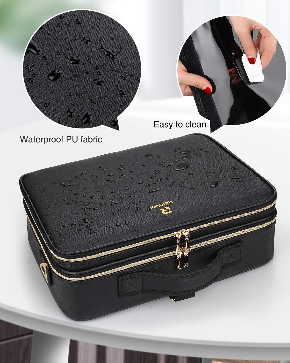 image:imageRelavel Makeup Case Large Makeup Bag Professional Train Case 165 inches Travel Cosmetic Organizer Brush Holder Waterproof Makeup Artist Storage Box 3 Layer Large Capacity with Adjustable StrapBlack Leather