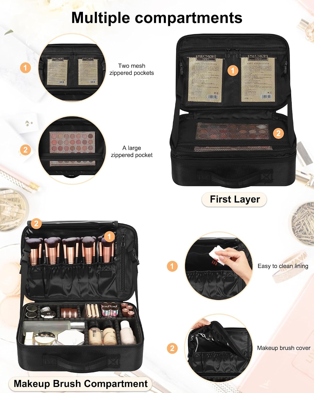 image:imageRelavel Makeup Case Large Makeup Bag Professional Train Case 165 inches Travel Cosmetic Organizer Brush Holder Waterproof Makeup Artist Storage Box 3 Layer Large Capacity with Adjustable Strapm Black