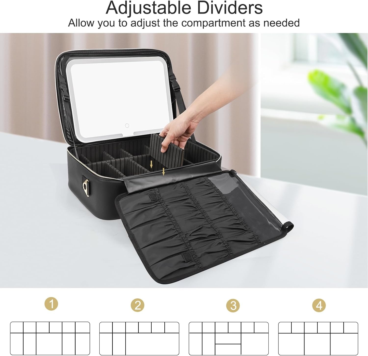 image:imageRelavel Makeup Case Large Makeup Bag Professional Train Case 165 inches Travel Cosmetic Organizer Brush Holder Waterproof Makeup Artist Storage Box 3 Layer Large Capacity with Adjustable Strapwith led mirror black
