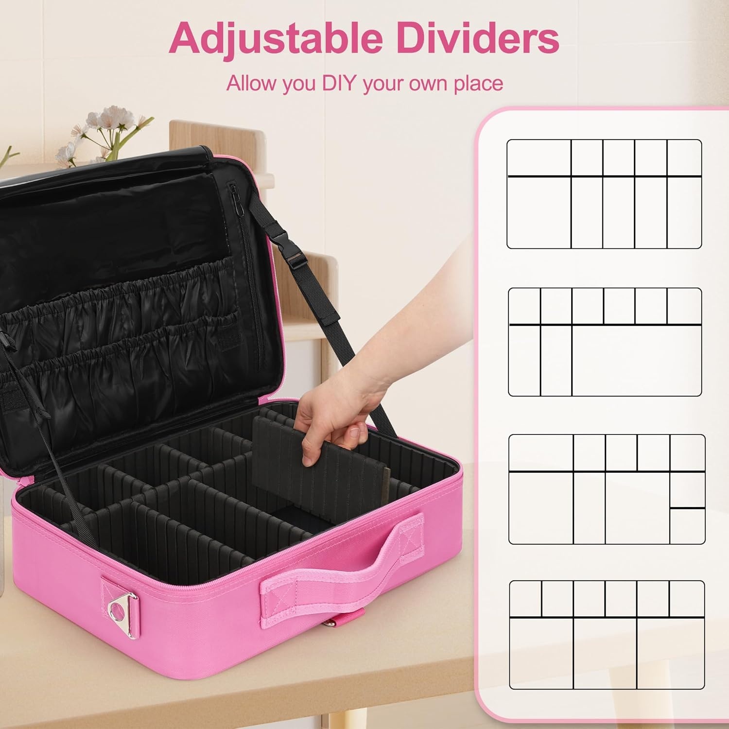 image:imageRelavel Makeup Case Large Makeup Bag Professional Train Case 165 inches Travel Cosmetic Organizer Brush Holder Waterproof Makeup Artist Storage Box 3 Layer Large Capacity with Adjustable StrapRose Pink