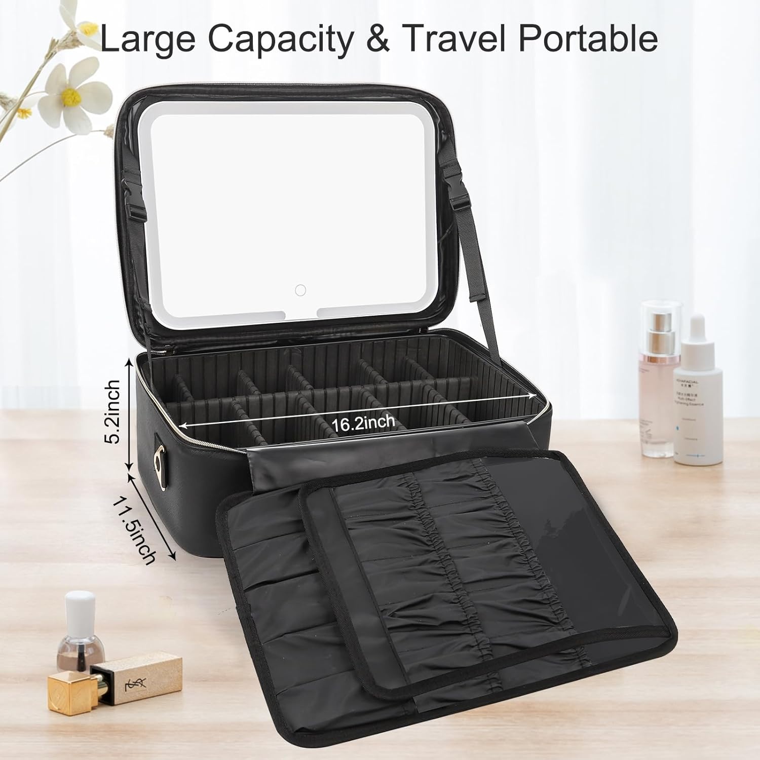 image:imageRelavel Makeup Case Large Makeup Bag Professional Train Case 165 inches Travel Cosmetic Organizer Brush Holder Waterproof Makeup Artist Storage Box 3 Layer Large Capacity with Adjustable Strapwith led mirror black