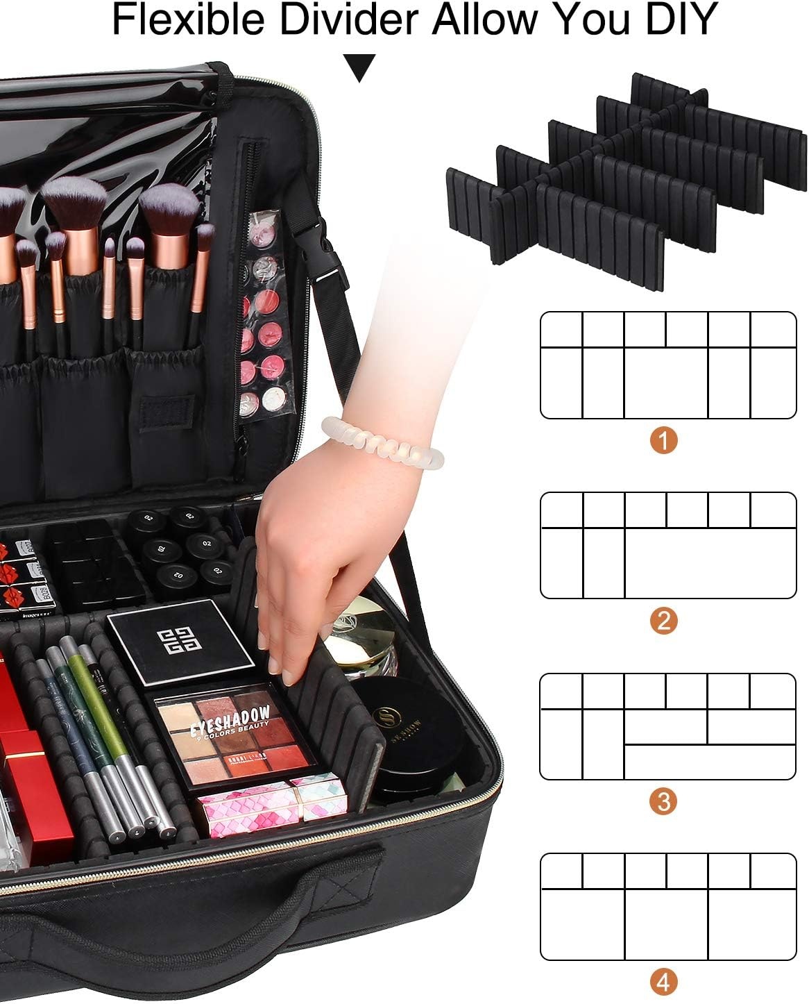 image:imageRelavel Makeup Case Large Makeup Bag Professional Train Case 165 inches Travel Cosmetic Organizer Brush Holder Waterproof Makeup Artist Storage Box 3 Layer Large Capacity with Adjustable StrapBlack Leather