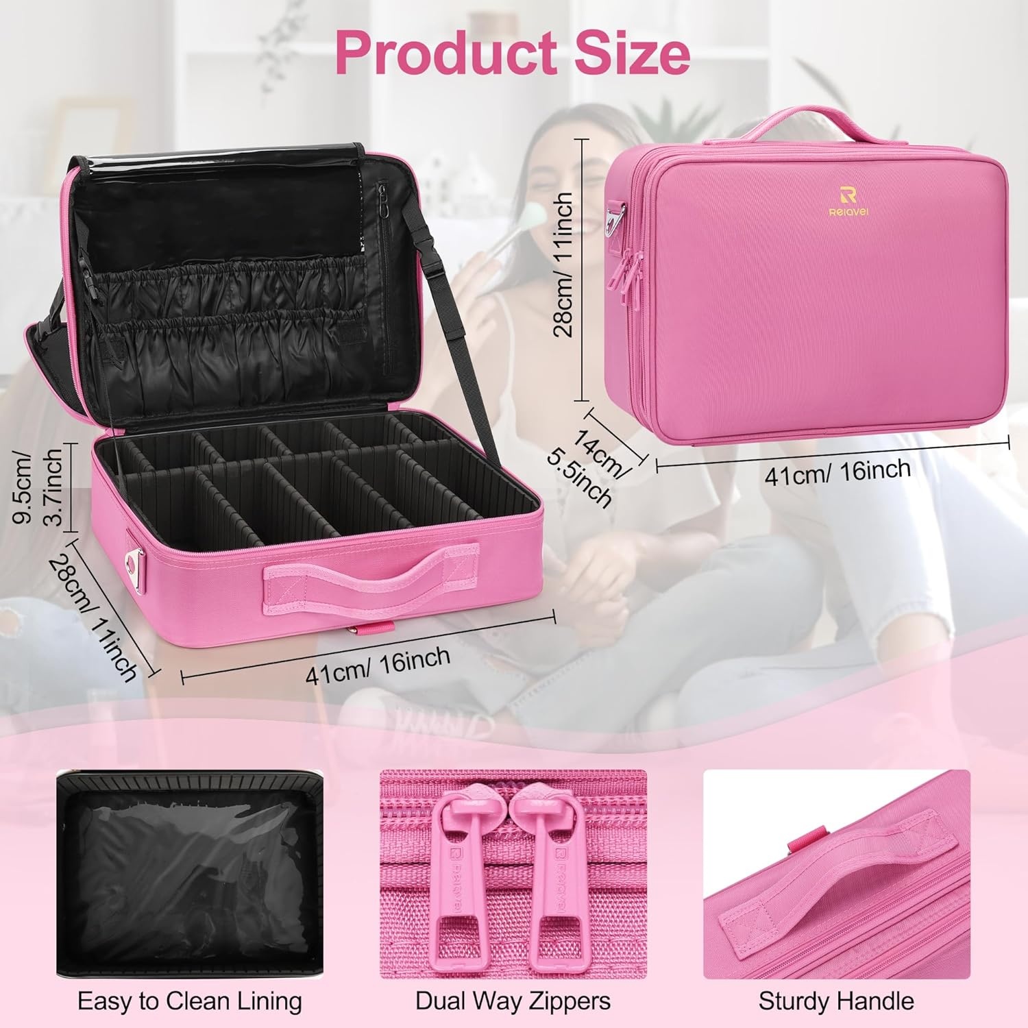 image:imageRelavel Makeup Case Large Makeup Bag Professional Train Case 165 inches Travel Cosmetic Organizer Brush Holder Waterproof Makeup Artist Storage Box 3 Layer Large Capacity with Adjustable StrapRose Pink