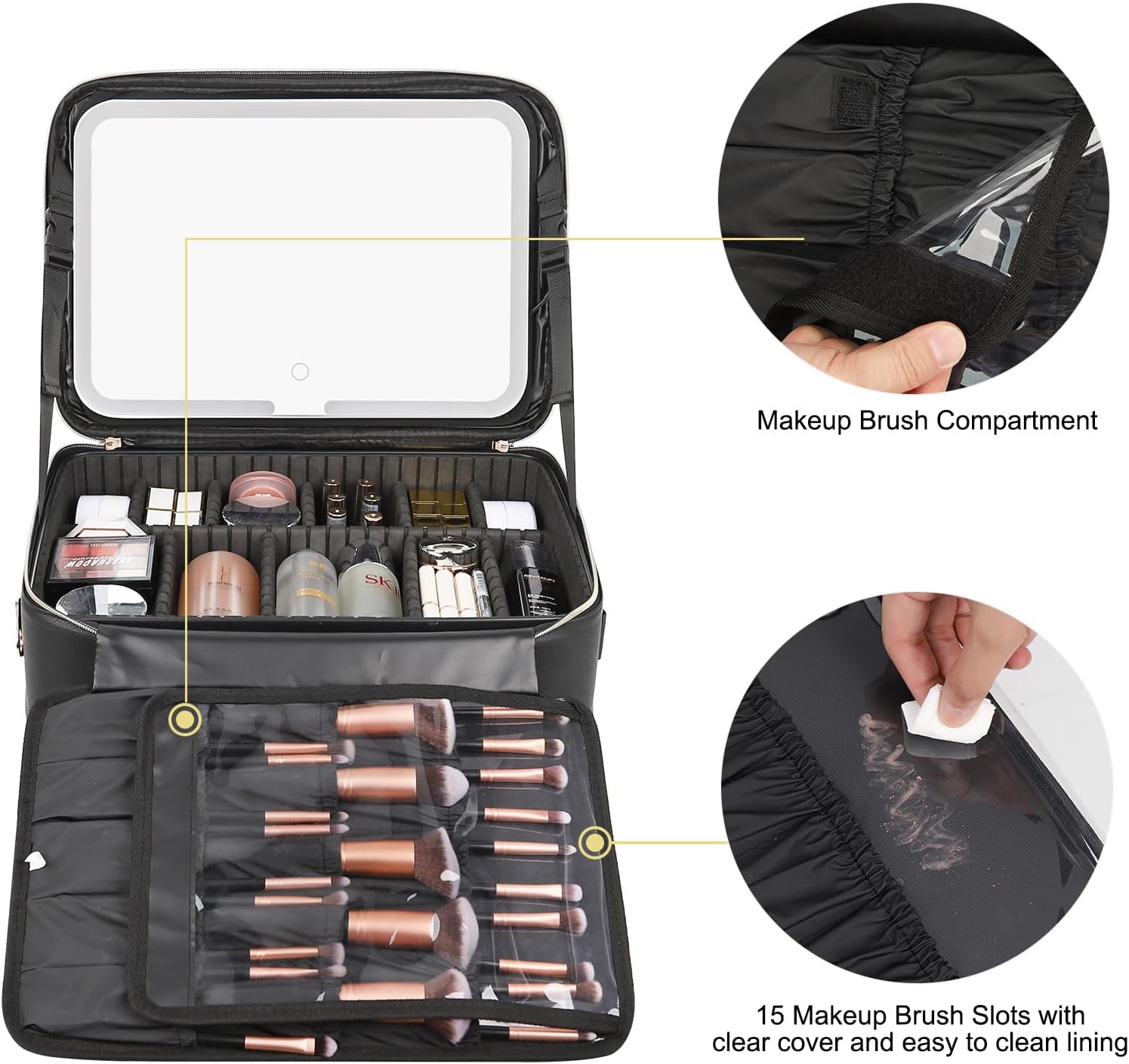 image:imageRelavel Makeup Case Large Makeup Bag Professional Train Case 165 inches Travel Cosmetic Organizer Brush Holder Waterproof Makeup Artist Storage Box 3 Layer Large Capacity with Adjustable Strapwith led mirror black