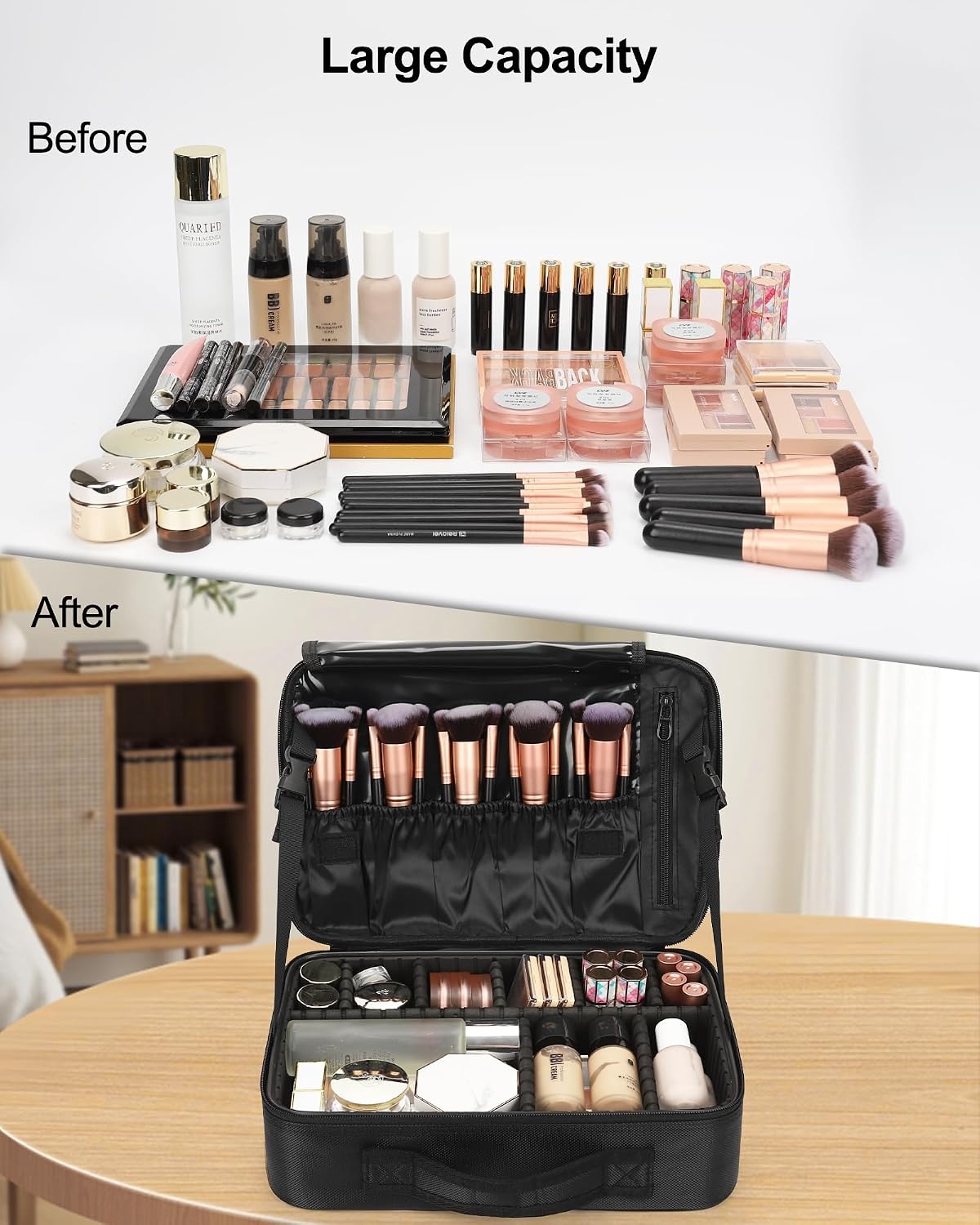 image:imageRelavel Makeup Case Large Makeup Bag Professional Train Case 165 inches Travel Cosmetic Organizer Brush Holder Waterproof Makeup Artist Storage Box 3 Layer Large Capacity with Adjustable Strapm Black