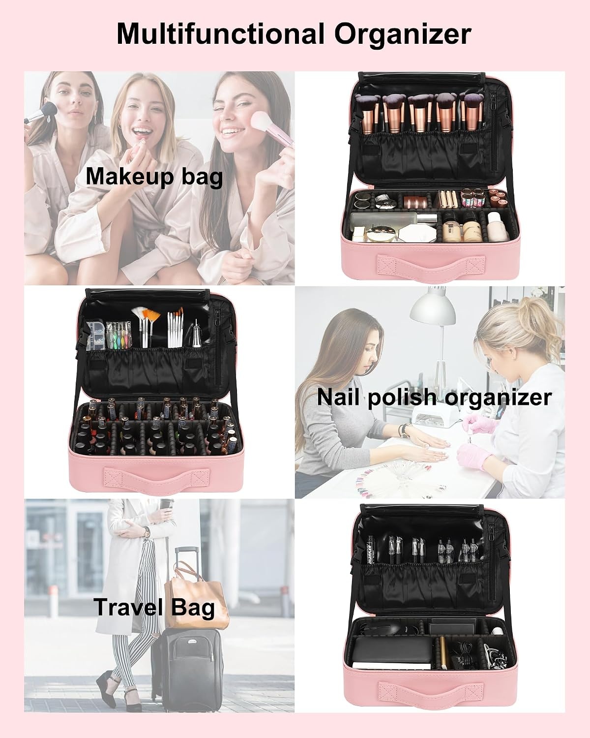 image:imageRelavel Makeup Case Large Makeup Bag Professional Train Case 165 inches Travel Cosmetic Organizer Brush Holder Waterproof Makeup Artist Storage Box 3 Layer Large Capacity with Adjustable Strapm pink