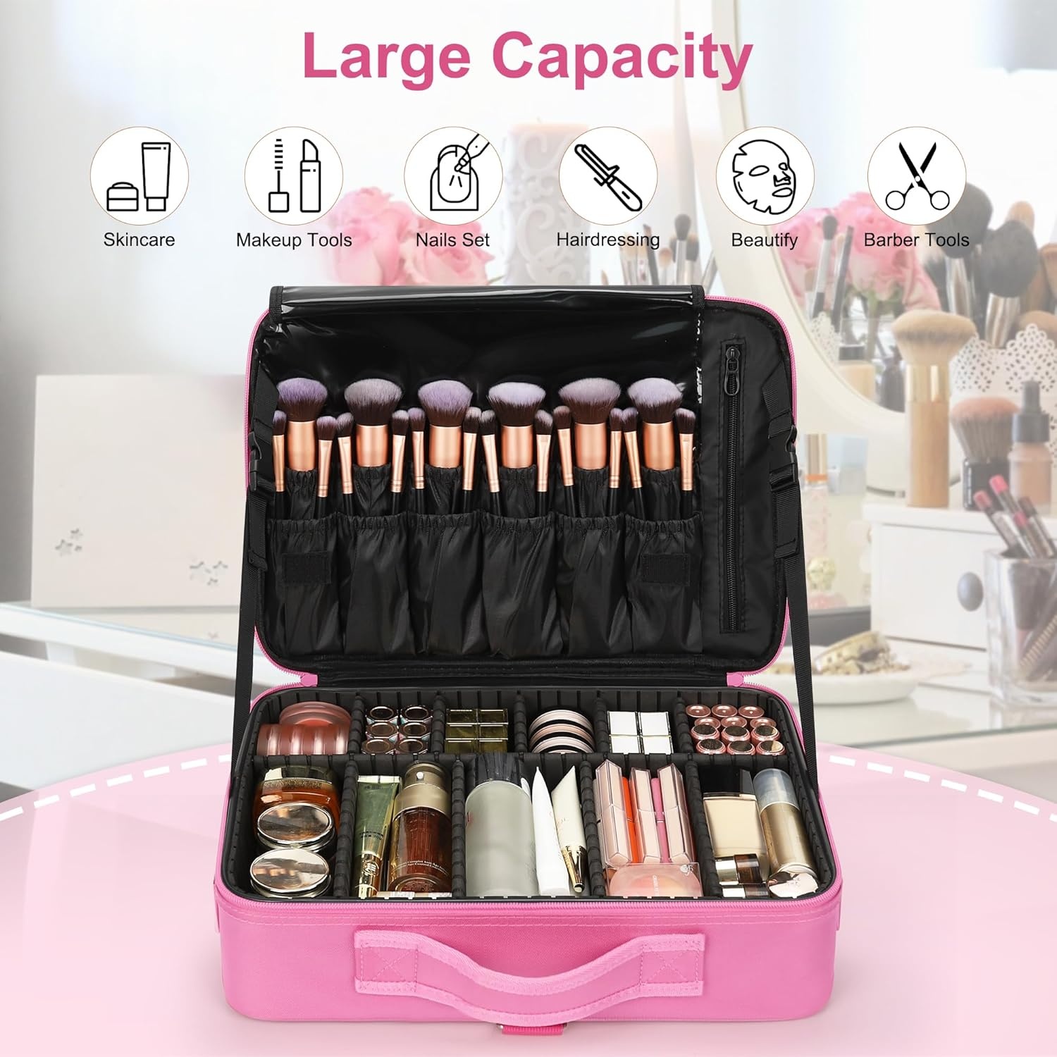 image:imageRelavel Makeup Case Large Makeup Bag Professional Train Case 165 inches Travel Cosmetic Organizer Brush Holder Waterproof Makeup Artist Storage Box 3 Layer Large Capacity with Adjustable StrapRose Pink