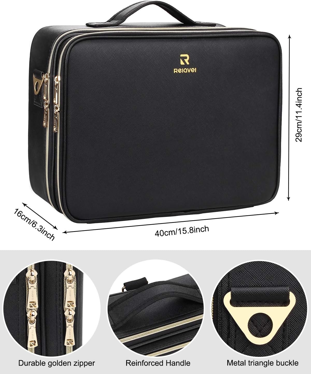 image:imageRelavel Makeup Case Large Makeup Bag Professional Train Case 165 inches Travel Cosmetic Organizer Brush Holder Waterproof Makeup Artist Storage Box 3 Layer Large Capacity with Adjustable StrapBlack Leather