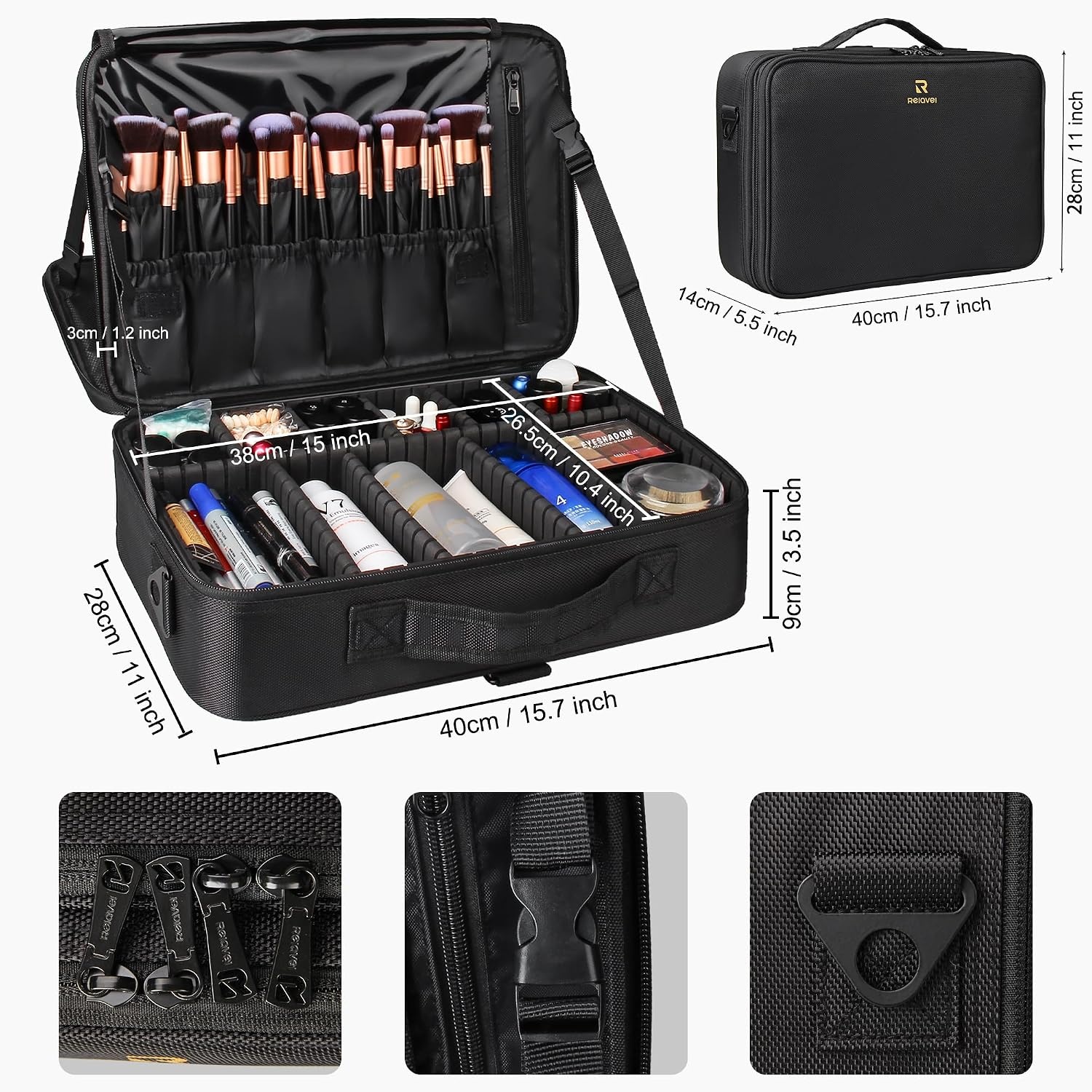image:imageRelavel Makeup Case Large Makeup Bag Professional Train Case 165 inches Travel Cosmetic Organizer Brush Holder Waterproof Makeup Artist Storage Box 3 Layer Large Capacity with Adjustable StrapBlack