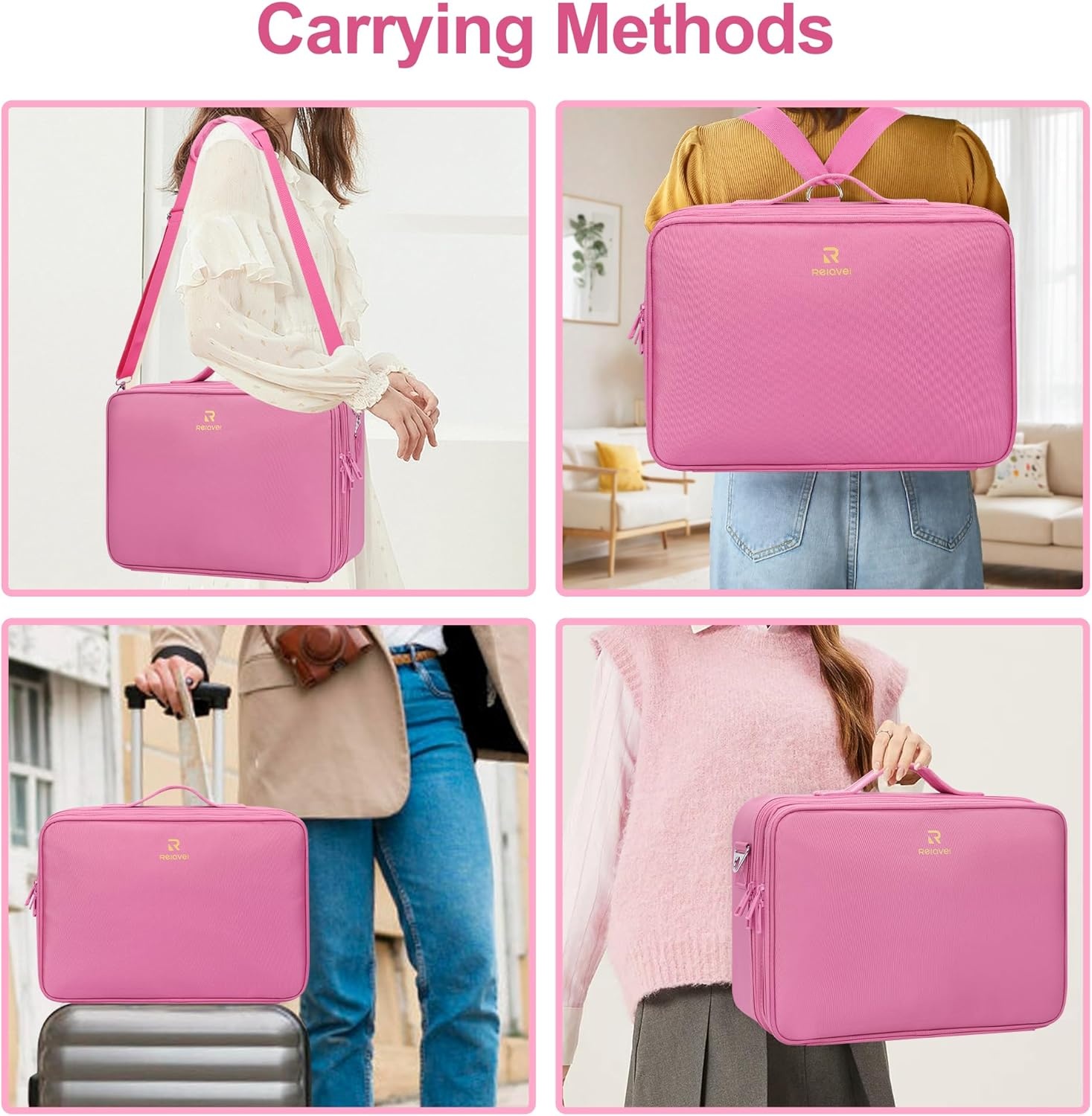 image:imageRelavel Makeup Case Large Makeup Bag Professional Train Case 165 inches Travel Cosmetic Organizer Brush Holder Waterproof Makeup Artist Storage Box 3 Layer Large Capacity with Adjustable StrapRose Pink