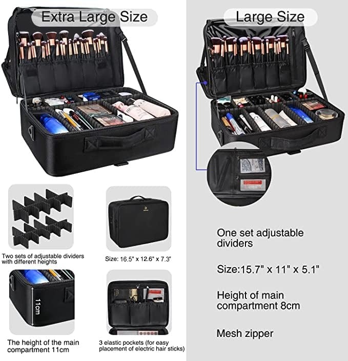 image:imageRelavel Makeup Case Large Makeup Bag Professional Train Case 165 inches Travel Cosmetic Organizer Brush Holder Waterproof Makeup Artist Storage Box 3 Layer Large Capacity with Adjustable Strappro black