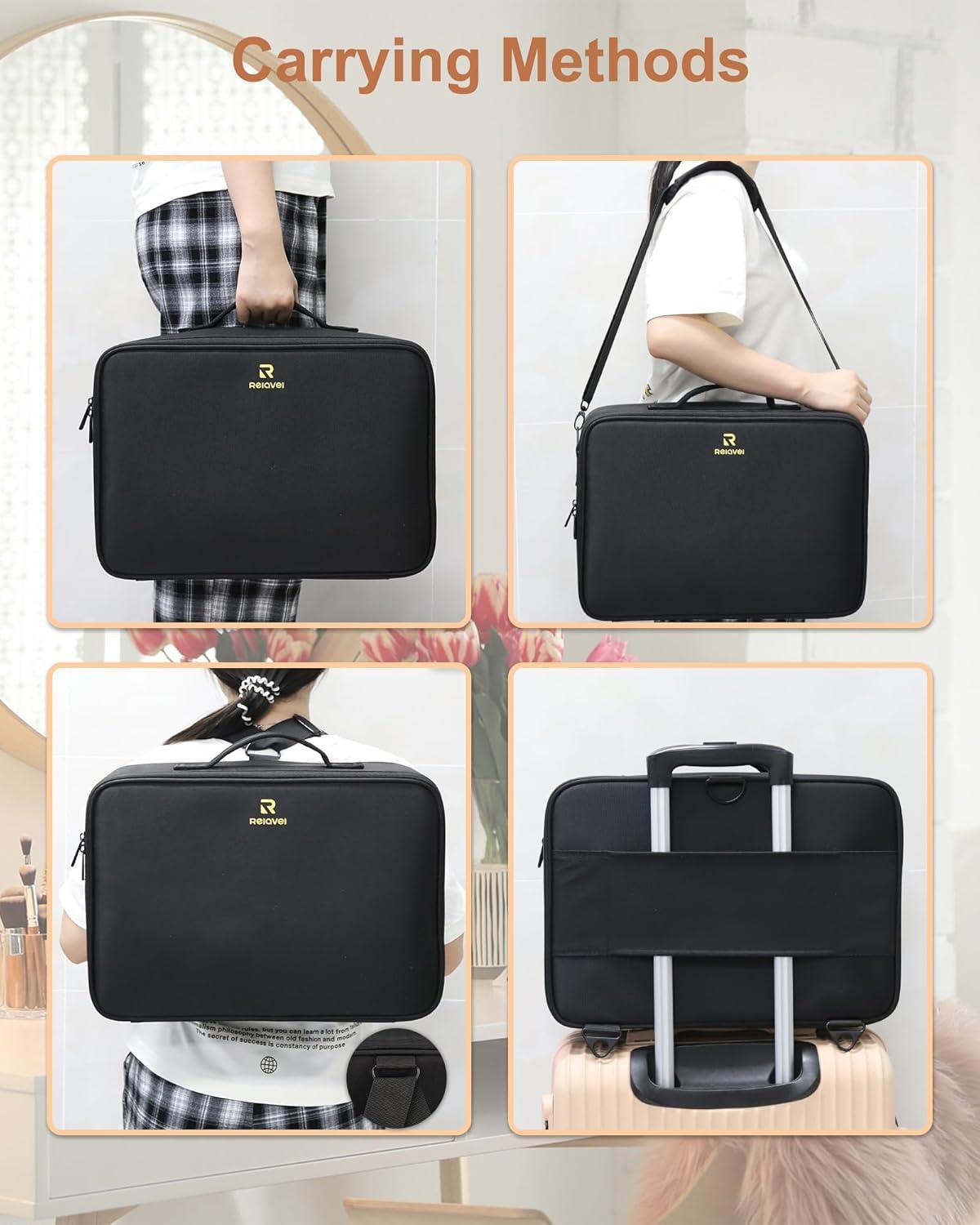 image:imageRelavel Makeup Case Large Makeup Bag Professional Train Case 165 inches Travel Cosmetic Organizer Brush Holder Waterproof Makeup Artist Storage Box 3 Layer Large Capacity with Adjustable Strapblack with 3 clear bags