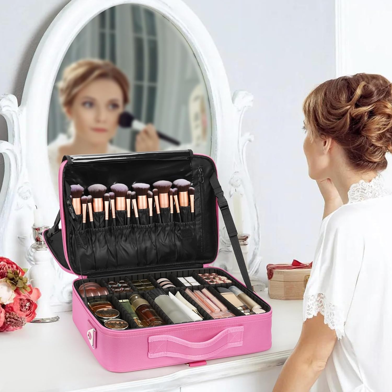 image:imageRelavel Makeup Case Large Makeup Bag Professional Train Case 165 inches Travel Cosmetic Organizer Brush Holder Waterproof Makeup Artist Storage Box 3 Layer Large Capacity with Adjustable StrapRose Pink