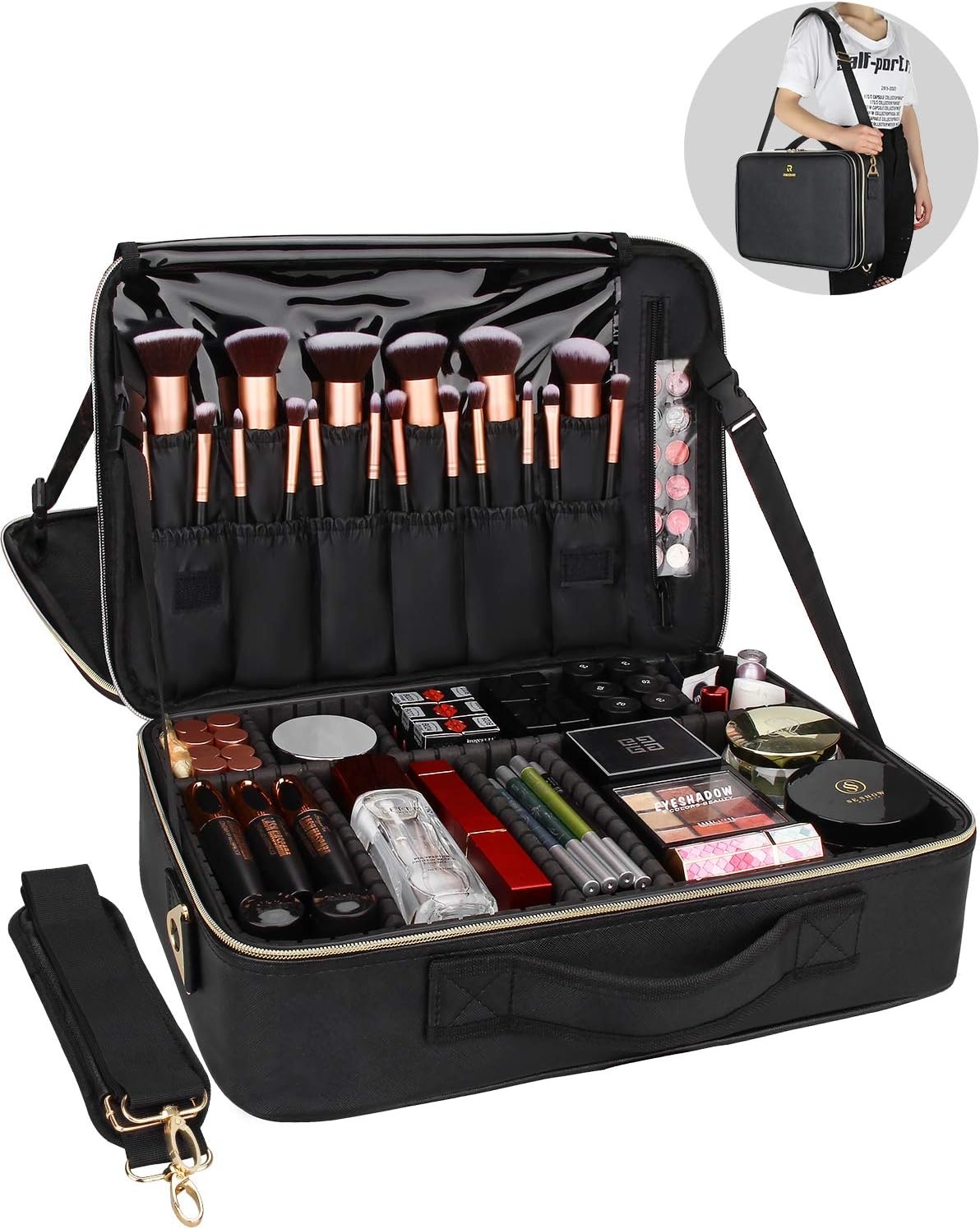 image:imageRelavel Makeup Case Large Makeup Bag Professional Train Case 165 inches Travel Cosmetic Organizer Brush Holder Waterproof Makeup Artist Storage Box 3 Layer Large Capacity with Adjustable StrapBlack Leather