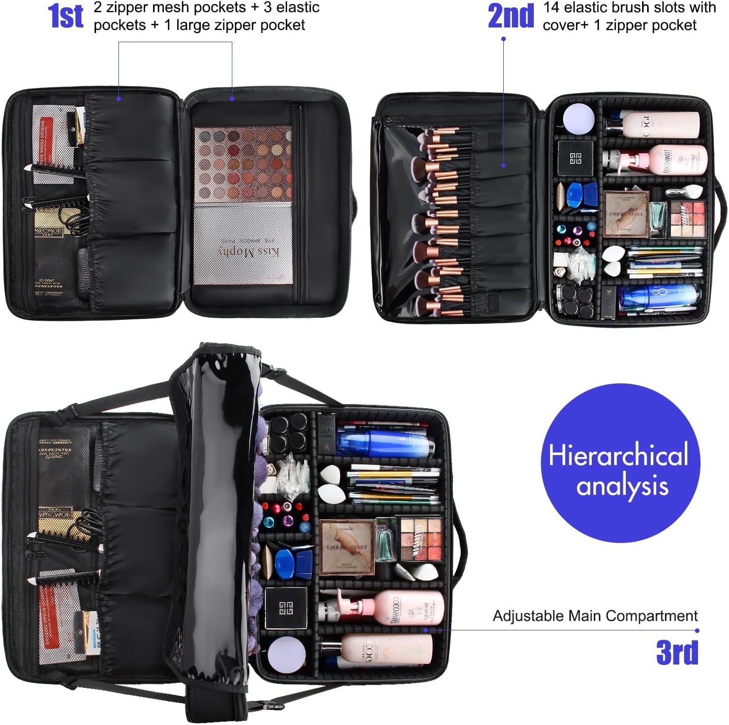 image:imageRelavel Makeup Case Large Makeup Bag Professional Train Case 165 inches Travel Cosmetic Organizer Brush Holder Waterproof Makeup Artist Storage Box 3 Layer Large Capacity with Adjustable Strappro black