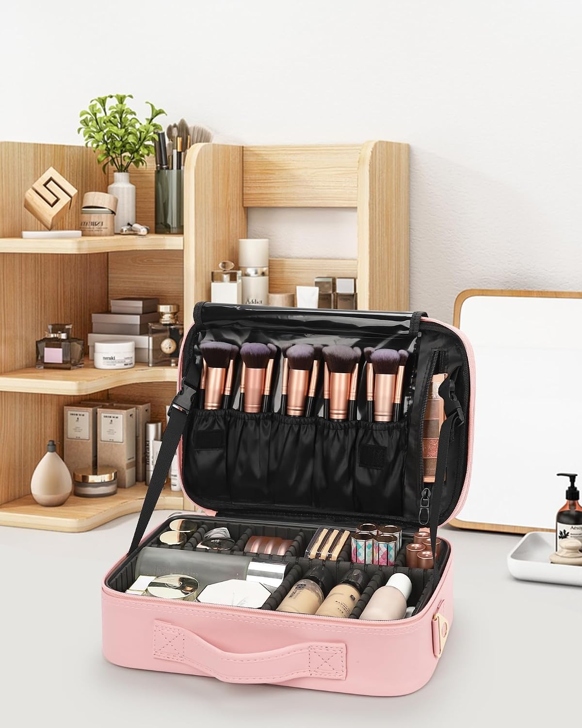 image:imageRelavel Makeup Case Large Makeup Bag Professional Train Case 165 inches Travel Cosmetic Organizer Brush Holder Waterproof Makeup Artist Storage Box 3 Layer Large Capacity with Adjustable Strapm pink