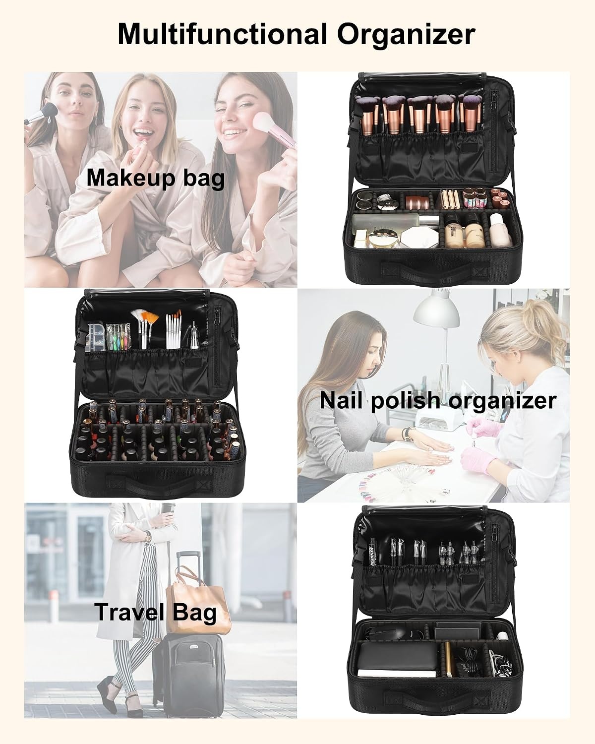 image:imageRelavel Makeup Case Large Makeup Bag Professional Train Case 165 inches Travel Cosmetic Organizer Brush Holder Waterproof Makeup Artist Storage Box 3 Layer Large Capacity with Adjustable Strapm Black